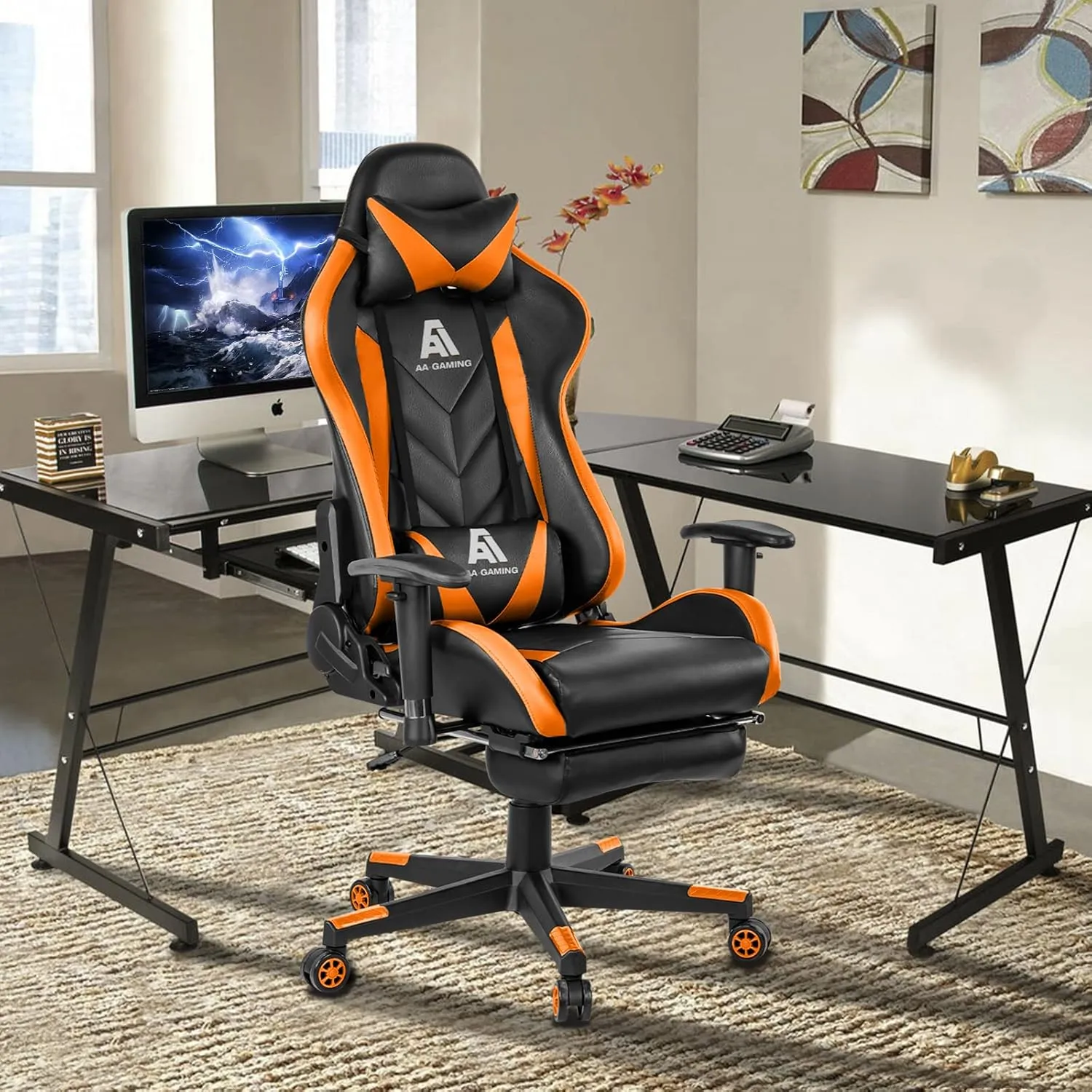 AA Products Gaming Chair High Back Ergonomic Computer Racing Chair Adjustable Office Chair with Footrest, Lumbar Support Swivel Chair - Orange