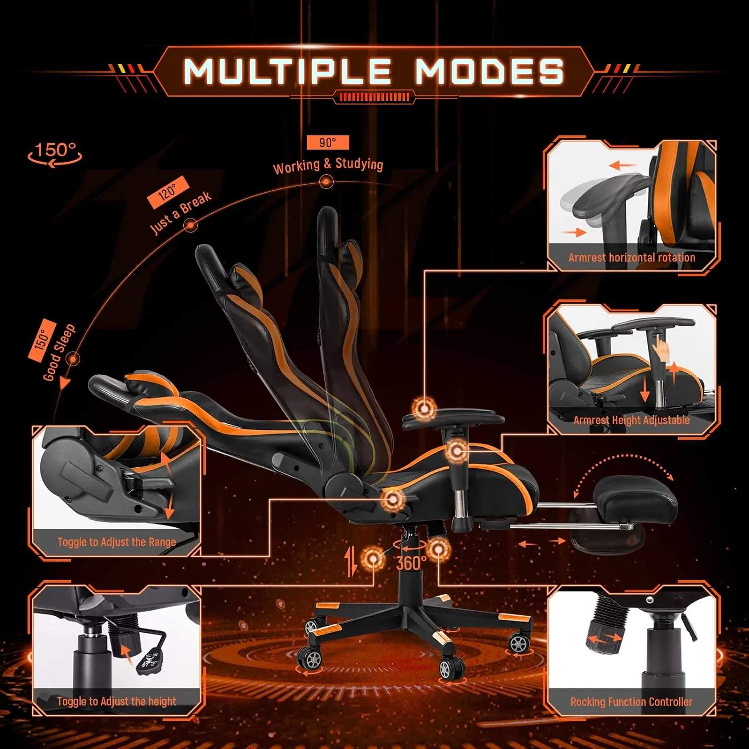 AA Products Gaming Chair High Back Ergonomic Computer Racing Chair Adjustable Office Chair with Footrest, Lumbar Support Swivel Chair - Orange