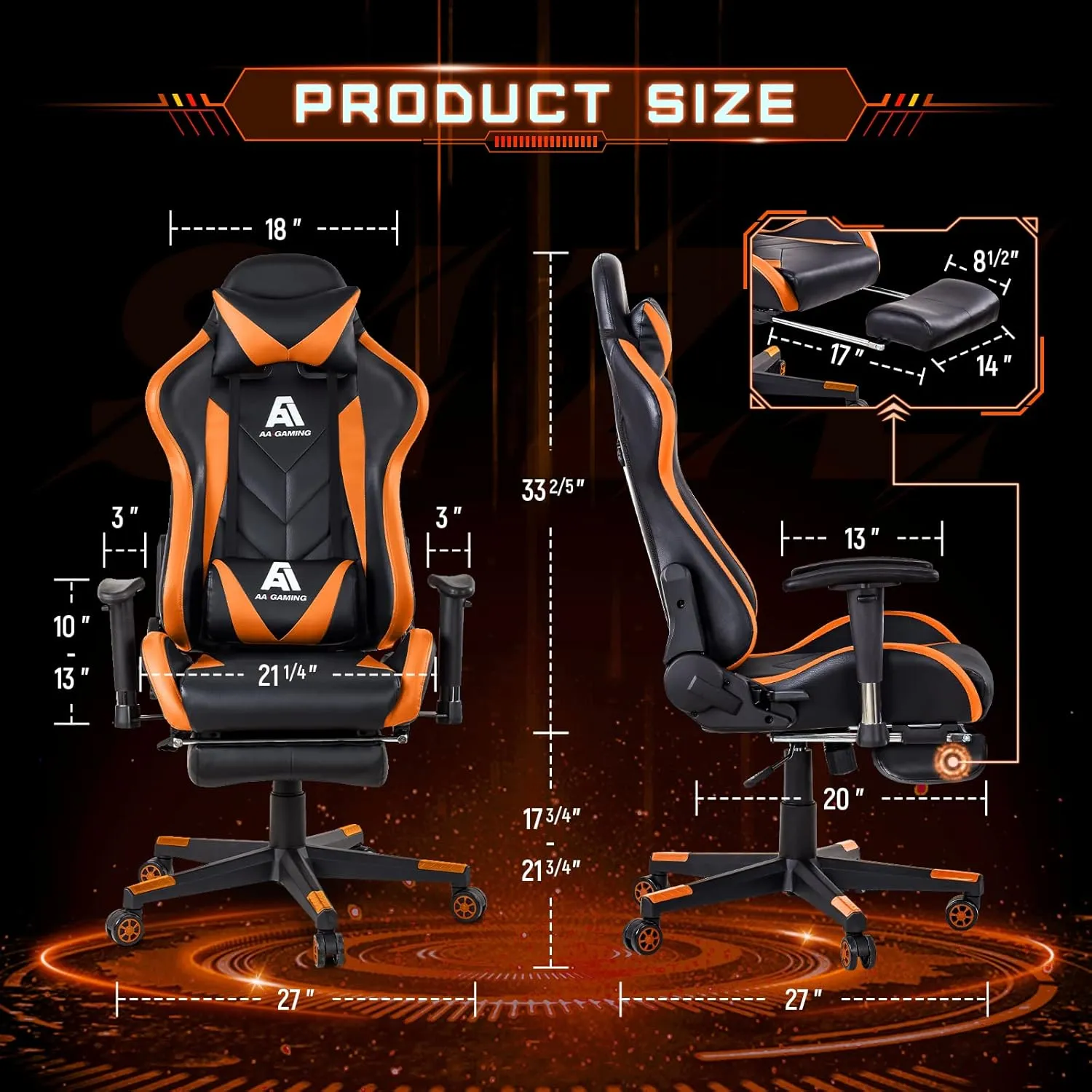AA Products Gaming Chair High Back Ergonomic Computer Racing Chair Adjustable Office Chair with Footrest, Lumbar Support Swivel Chair - Orange