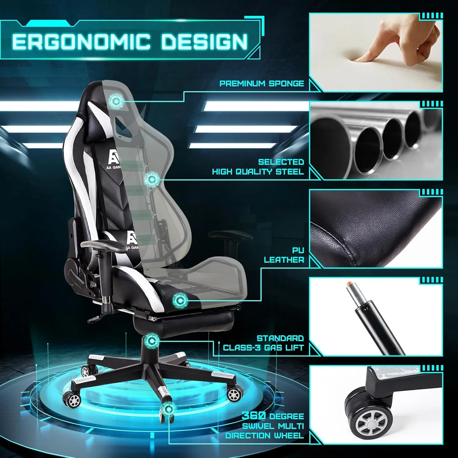 AA Products Gaming Chair High Back Ergonomic Computer Racing Chair Adjustable Office Chair with Footrest, Lumbar Support Swivel Chair - White