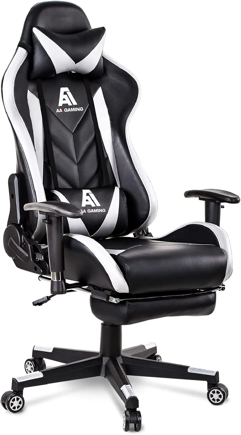 AA Products Gaming Chair High Back Ergonomic Computer Racing Chair Adjustable Office Chair with Footrest, Lumbar Support Swivel Chair - White