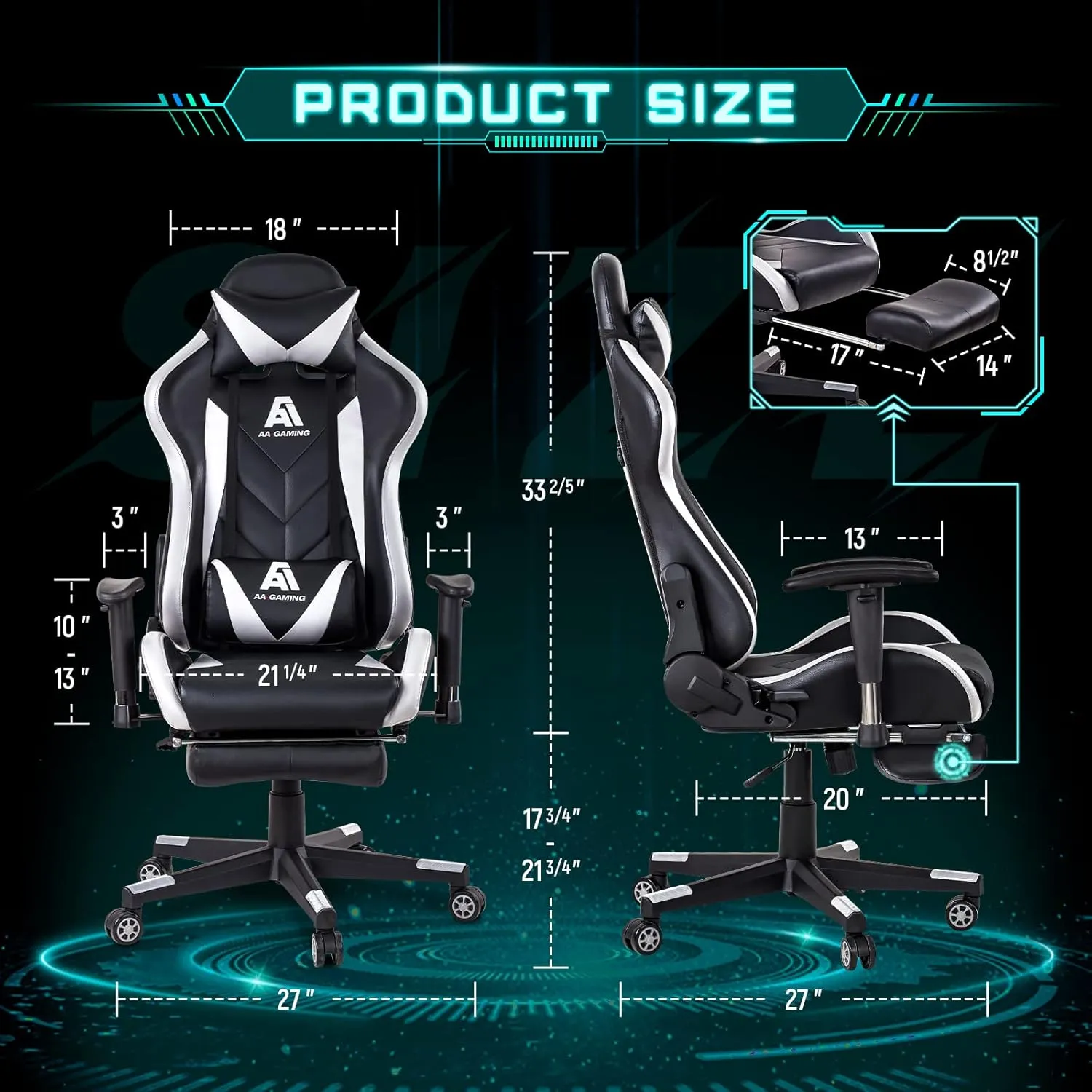AA Products Gaming Chair High Back Ergonomic Computer Racing Chair Adjustable Office Chair with Footrest, Lumbar Support Swivel Chair - White
