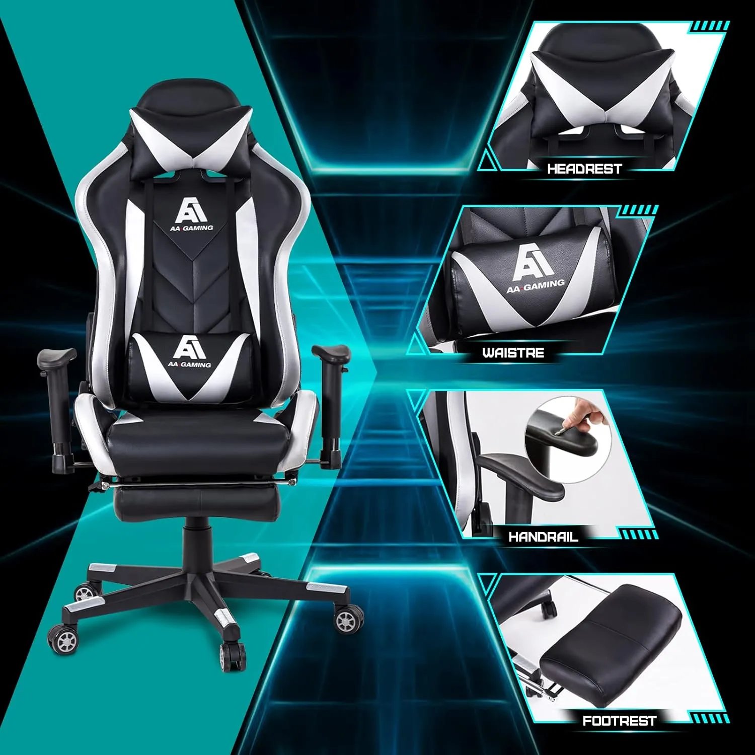 AA Products Gaming Chair High Back Ergonomic Computer Racing Chair Adjustable Office Chair with Footrest, Lumbar Support Swivel Chair - White