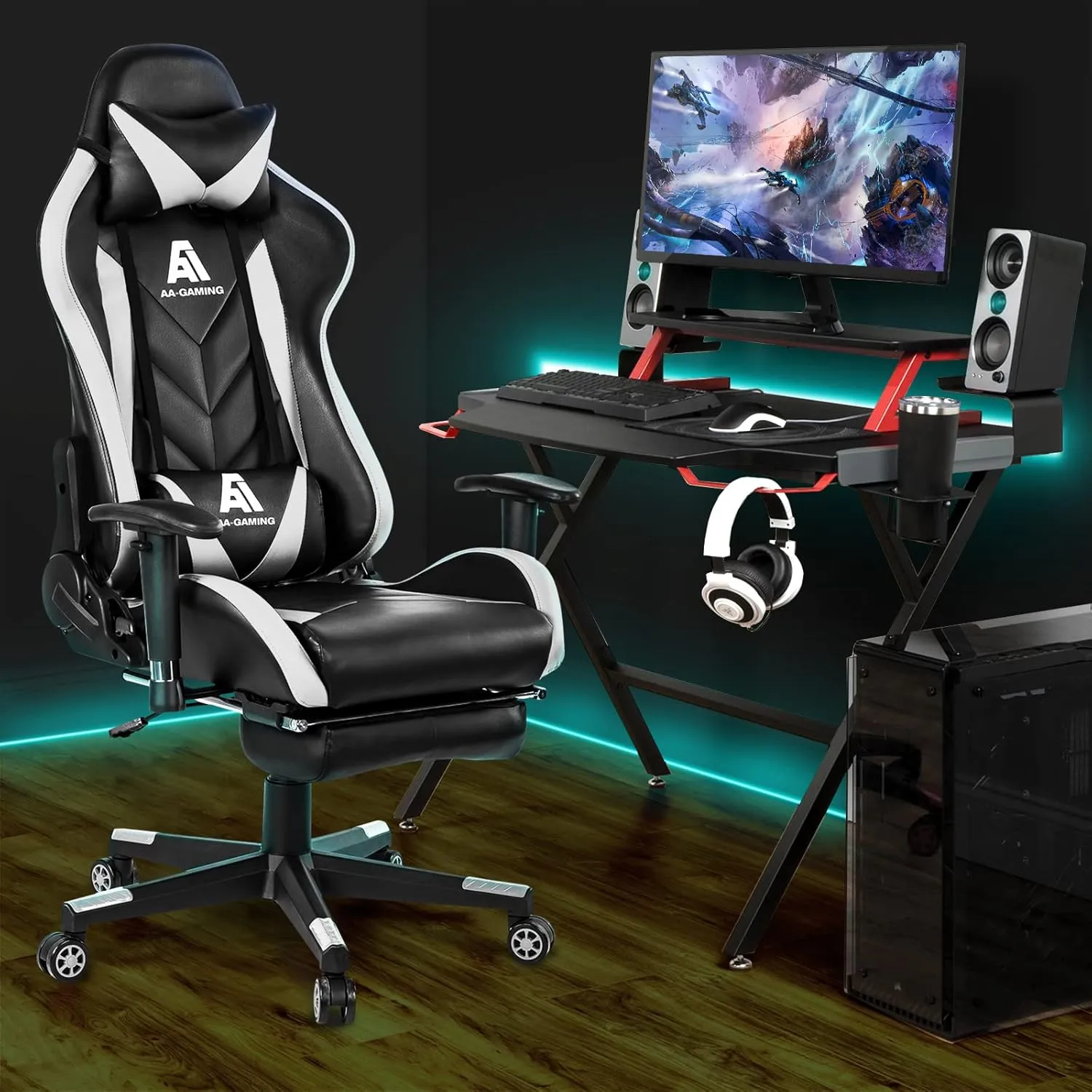 AA Products Gaming Chair High Back Ergonomic Computer Racing Chair Adjustable Office Chair with Footrest, Lumbar Support Swivel Chair - White