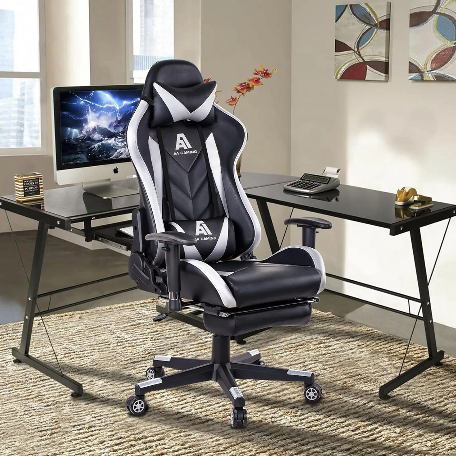 AA Products Gaming Chair High Back Ergonomic Computer Racing Chair Adjustable Office Chair with Footrest, Lumbar Support Swivel Chair - White