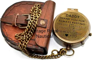 AASIYA Brass Pocket Chain Compass with Leather Case for Hiking Daddy Thank You for Always Keeping Engraved Camping Pocket Nautical Compass Vintage Navigation Outdoor Hand Held Compass