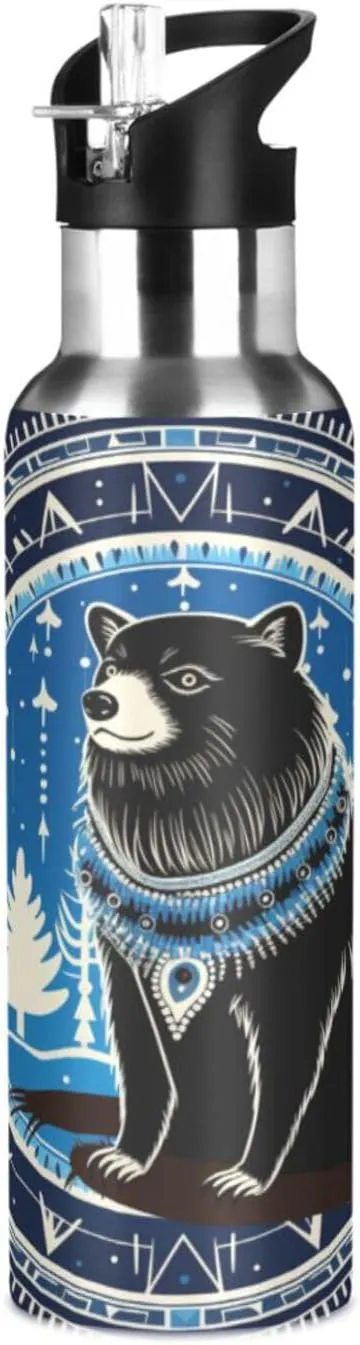 Abstract Beaver Art Sport Water Bottle Insulated Stainless Steel Large Vacuum Flask Leak Proof Thermos with Straw for Travel(600ml/1000ml)