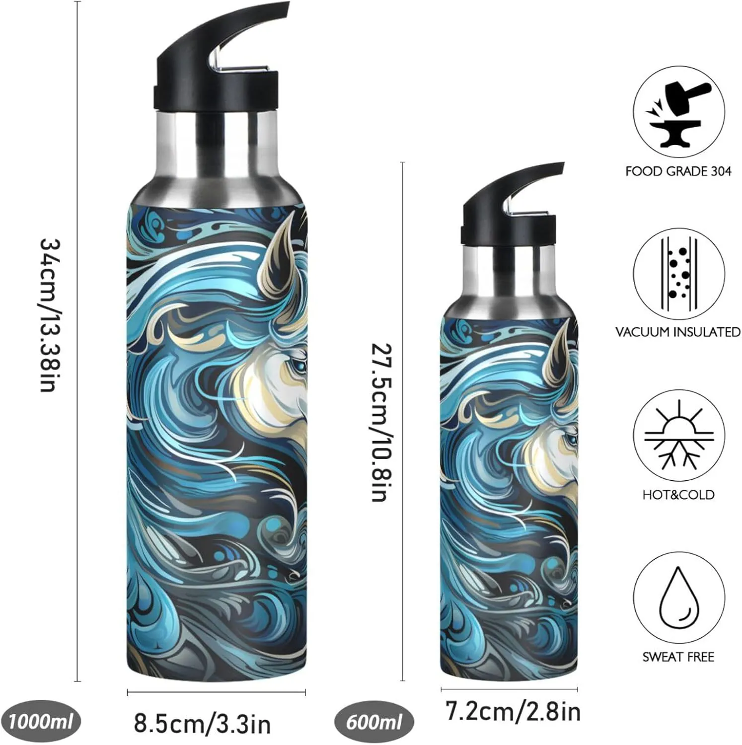 Abstract Blue Horse Art Sport Water Bottle Insulated Stainless Steel Large Vacuum Flask Leak Proof Thermos with Straw for Travel(600ml/1000ml)