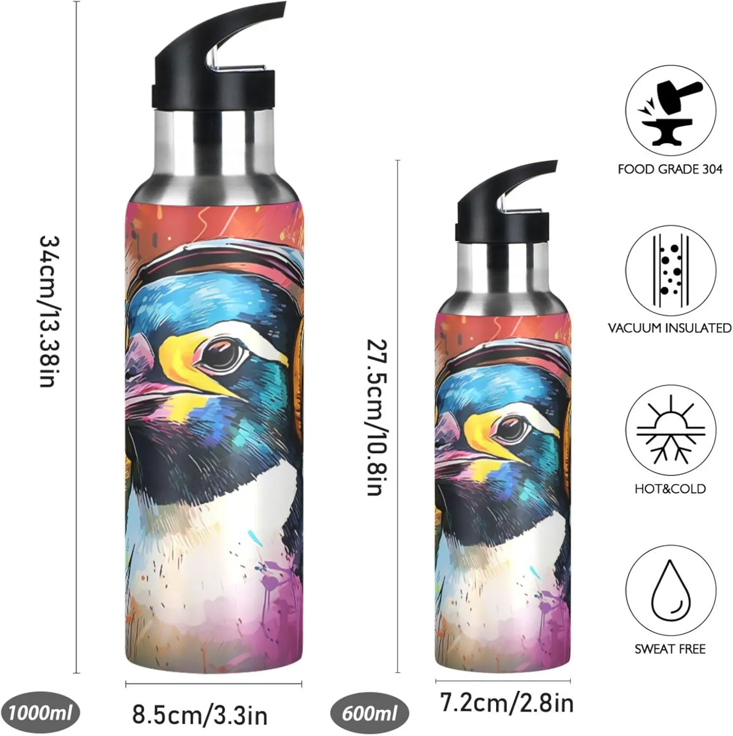Abstract Sketch Art Penguin Sport Water Bottle Insulated Stainless Steel Large Vacuum Flask Leak Proof Thermos with Straw for Travel(600ml/1000ml)