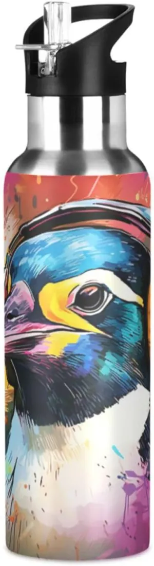 Abstract Sketch Art Penguin Sport Water Bottle Insulated Stainless Steel Large Vacuum Flask Leak Proof Thermos with Straw for Travel(600ml/1000ml)