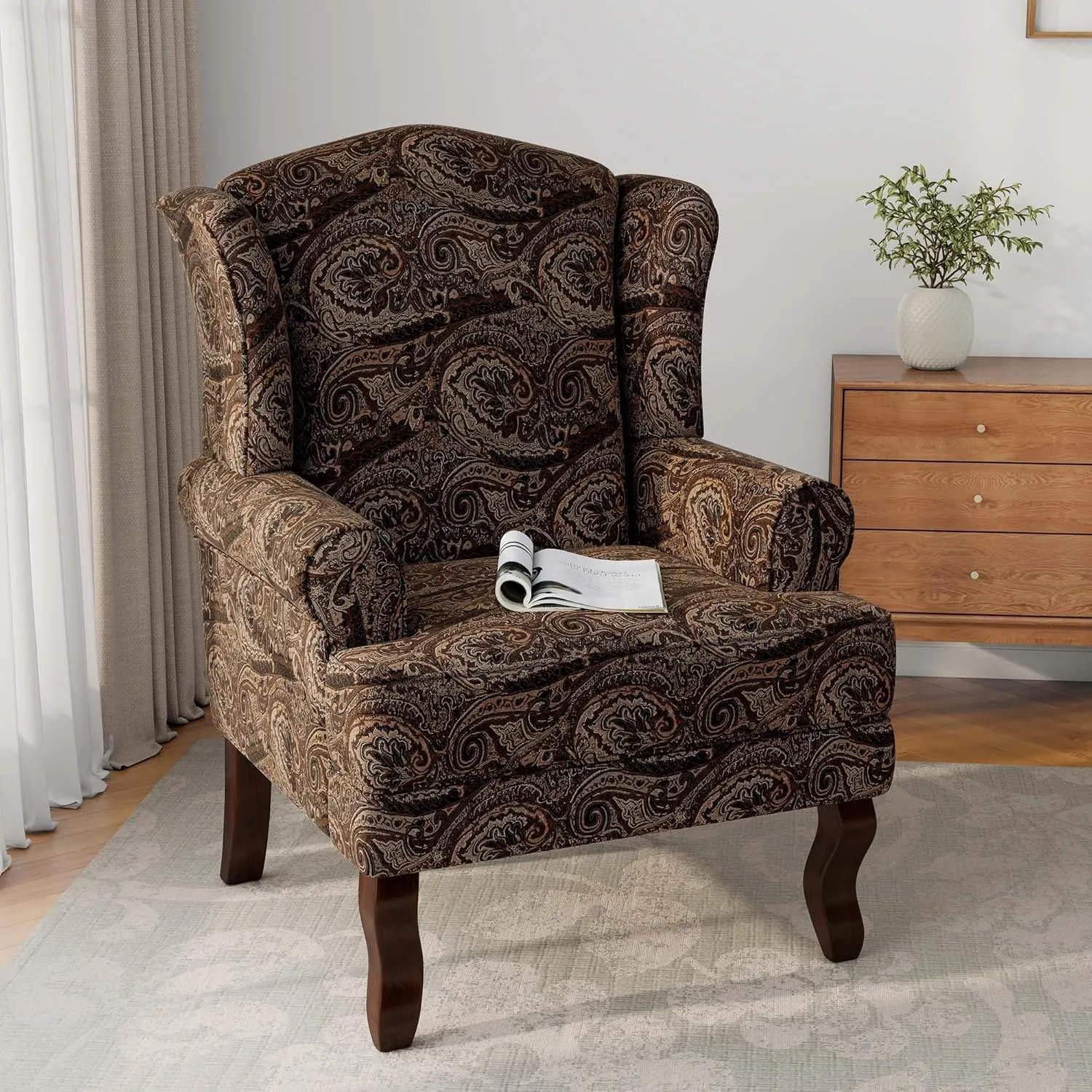 Accent Chair, High Back Upholstered Armchair with High Resilience Sponge & Wood Legs, Mid-Century Modern Comfy Single Sofa Reading Chairs for Living Room, Bedroom (Floral Brown, Set of 2)