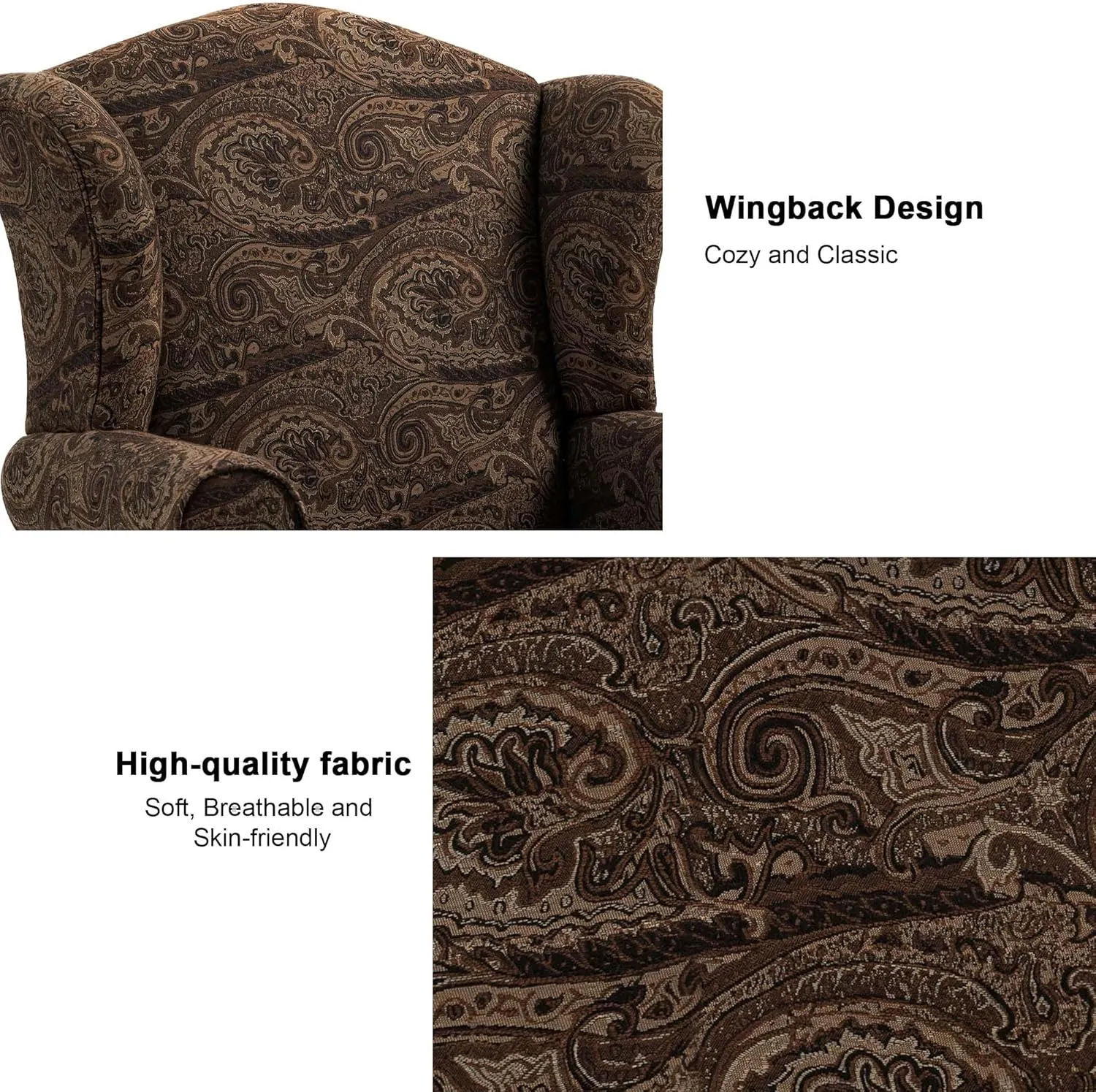 Accent Chair, High Back Upholstered Armchair with High Resilience Sponge & Wood Legs, Mid-Century Modern Comfy Single Sofa Reading Chairs for Living Room, Bedroom (Floral Brown, Set of 2)