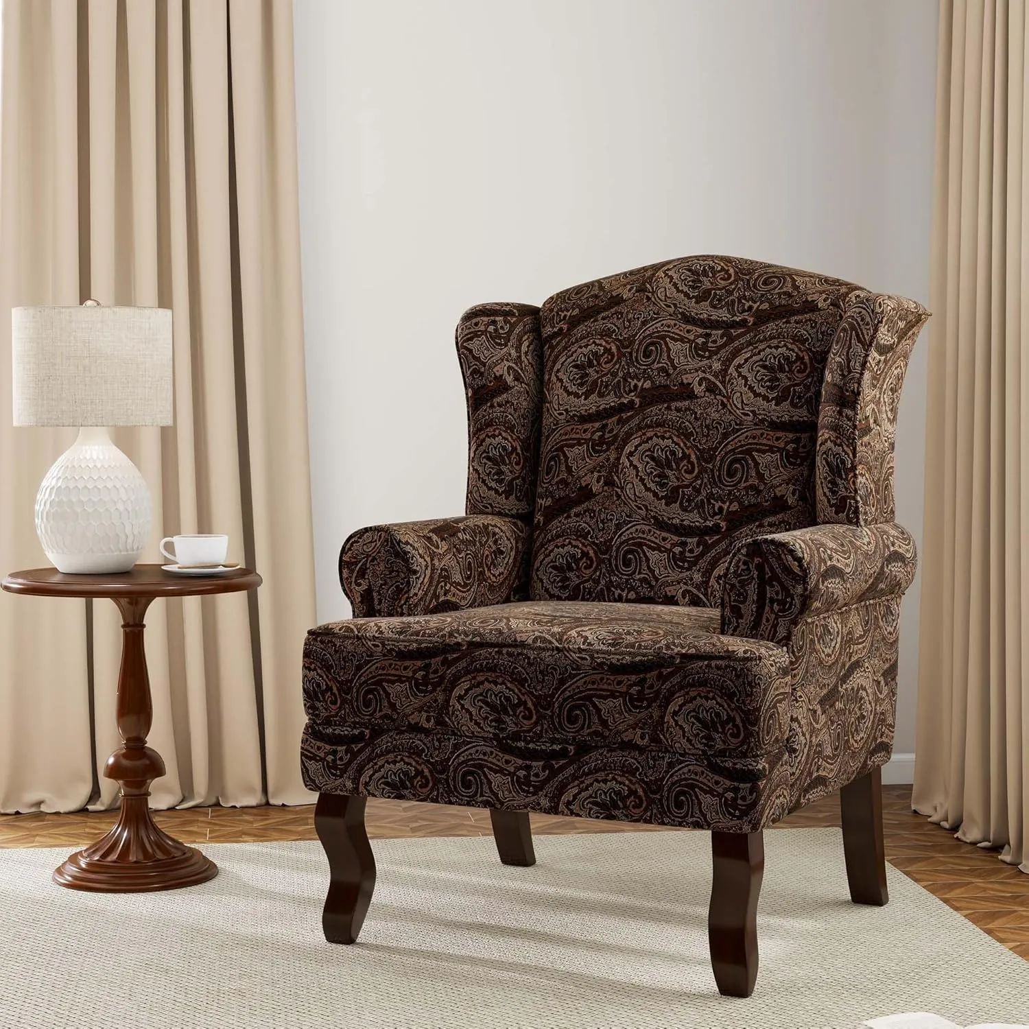 Accent Chair, High Back Upholstered Armchair with High Resilience Sponge & Wood Legs, Mid-Century Modern Comfy Single Sofa Reading Chairs for Living Room, Bedroom (Floral Brown, Set of 2)