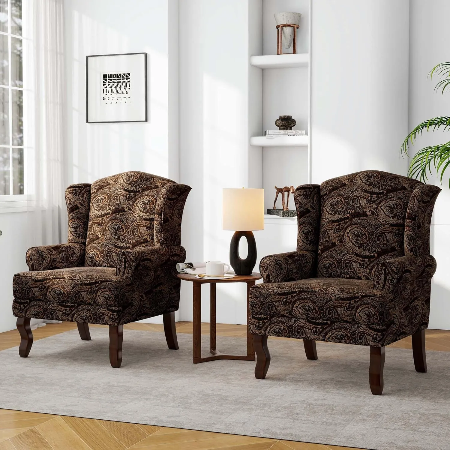 Accent Chair, High Back Upholstered Armchair with High Resilience Sponge & Wood Legs, Mid-Century Modern Comfy Single Sofa Reading Chairs for Living Room, Bedroom (Floral Brown, Set of 2)