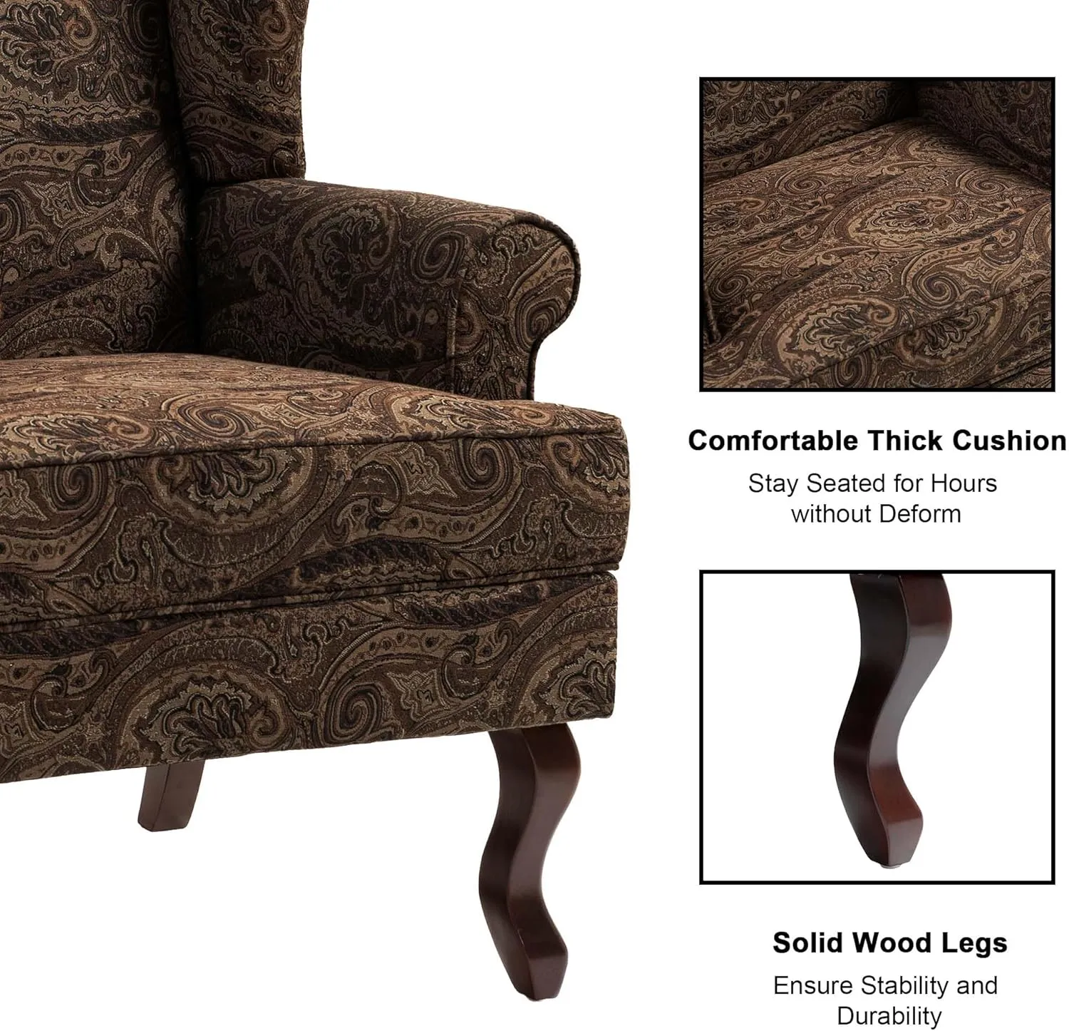 Accent Chair, High Back Upholstered Armchair with High Resilience Sponge & Wood Legs, Mid-Century Modern Comfy Single Sofa Reading Chairs for Living Room, Bedroom (Floral Brown, Set of 2)