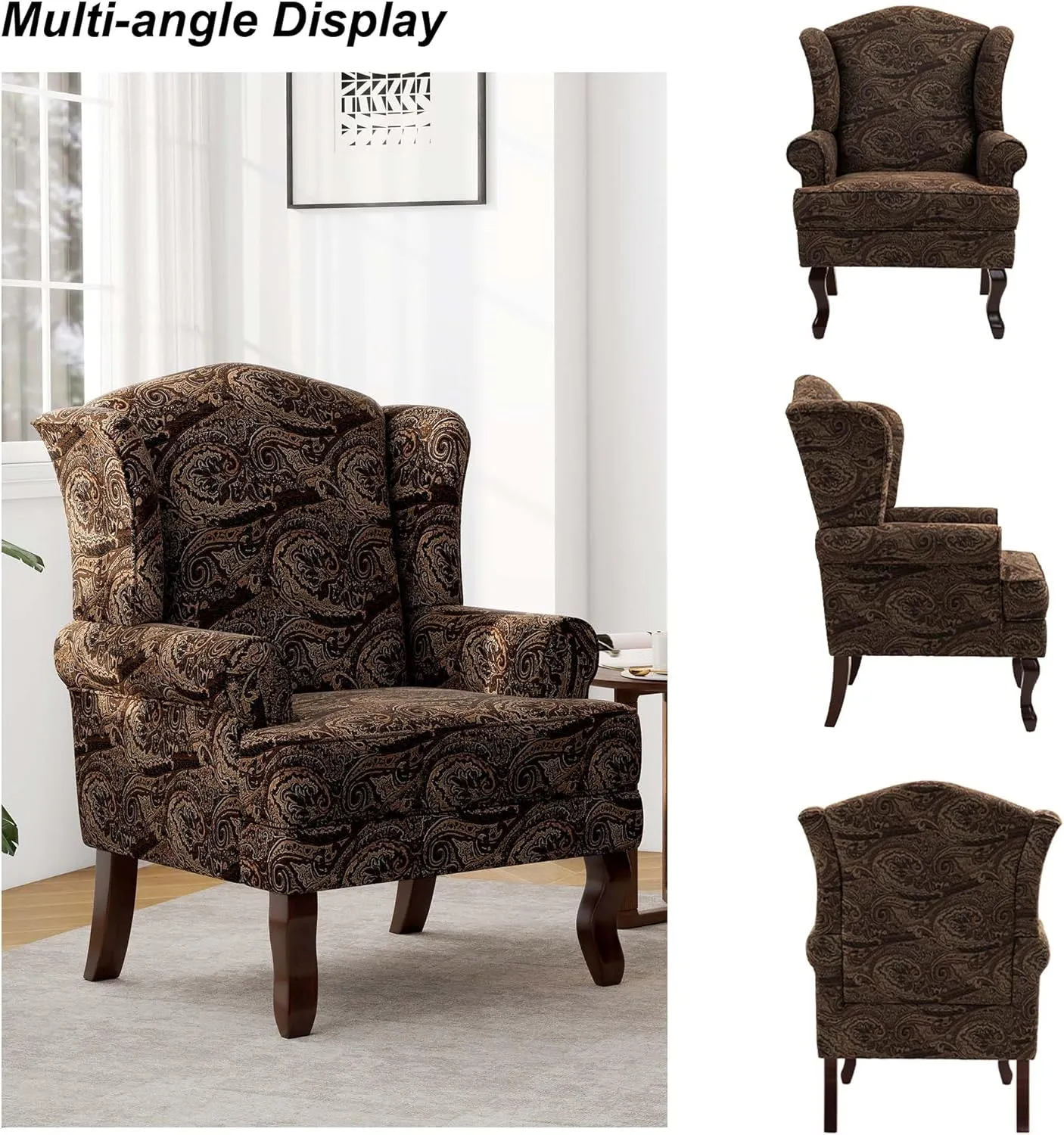 Accent Chair, High Back Upholstered Armchair with High Resilience Sponge & Wood Legs, Mid-Century Modern Comfy Single Sofa Reading Chairs for Living Room, Bedroom (Floral Brown, Set of 2)