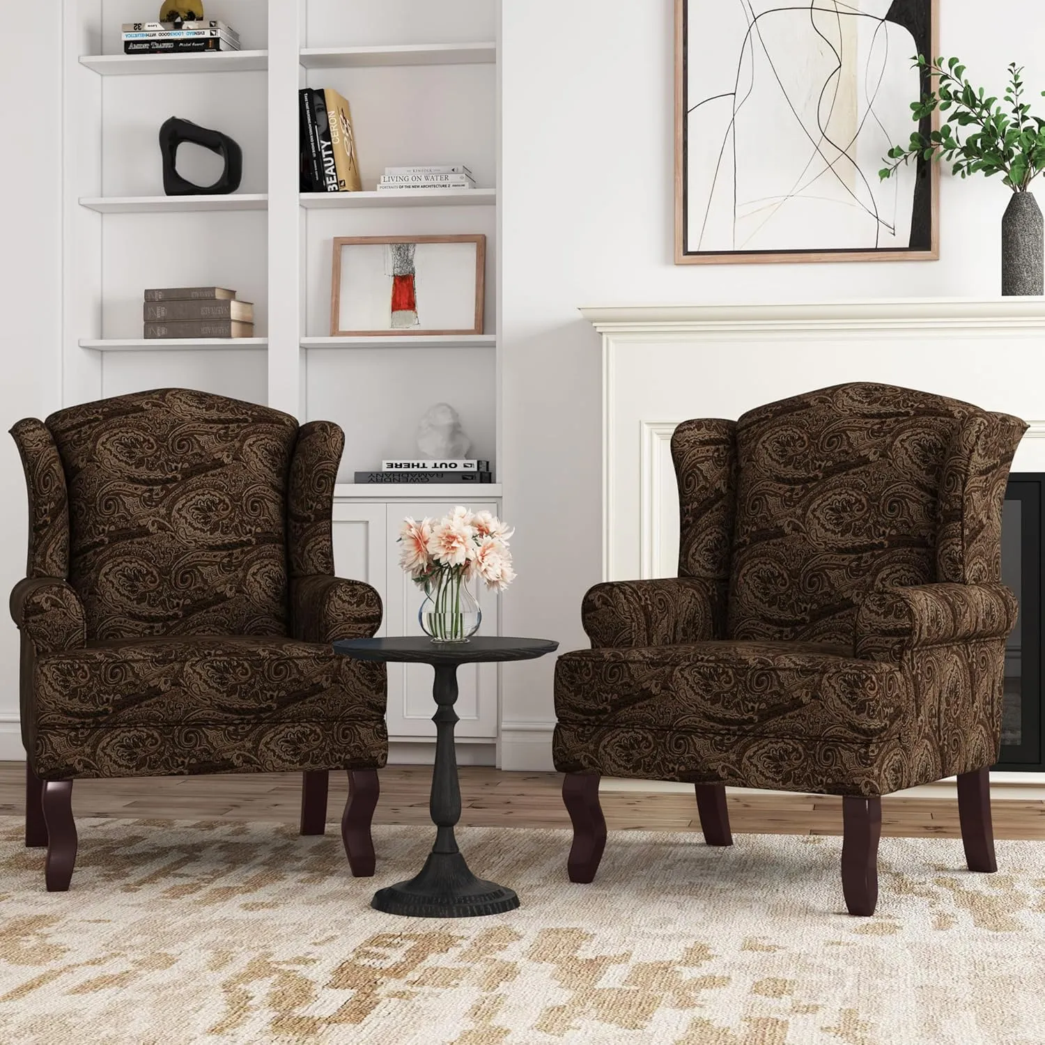 Accent Chair, High Back Upholstered Armchair with High Resilience Sponge & Wood Legs, Mid-Century Modern Comfy Single Sofa Reading Chairs for Living Room, Bedroom (Floral Brown, Set of 2)