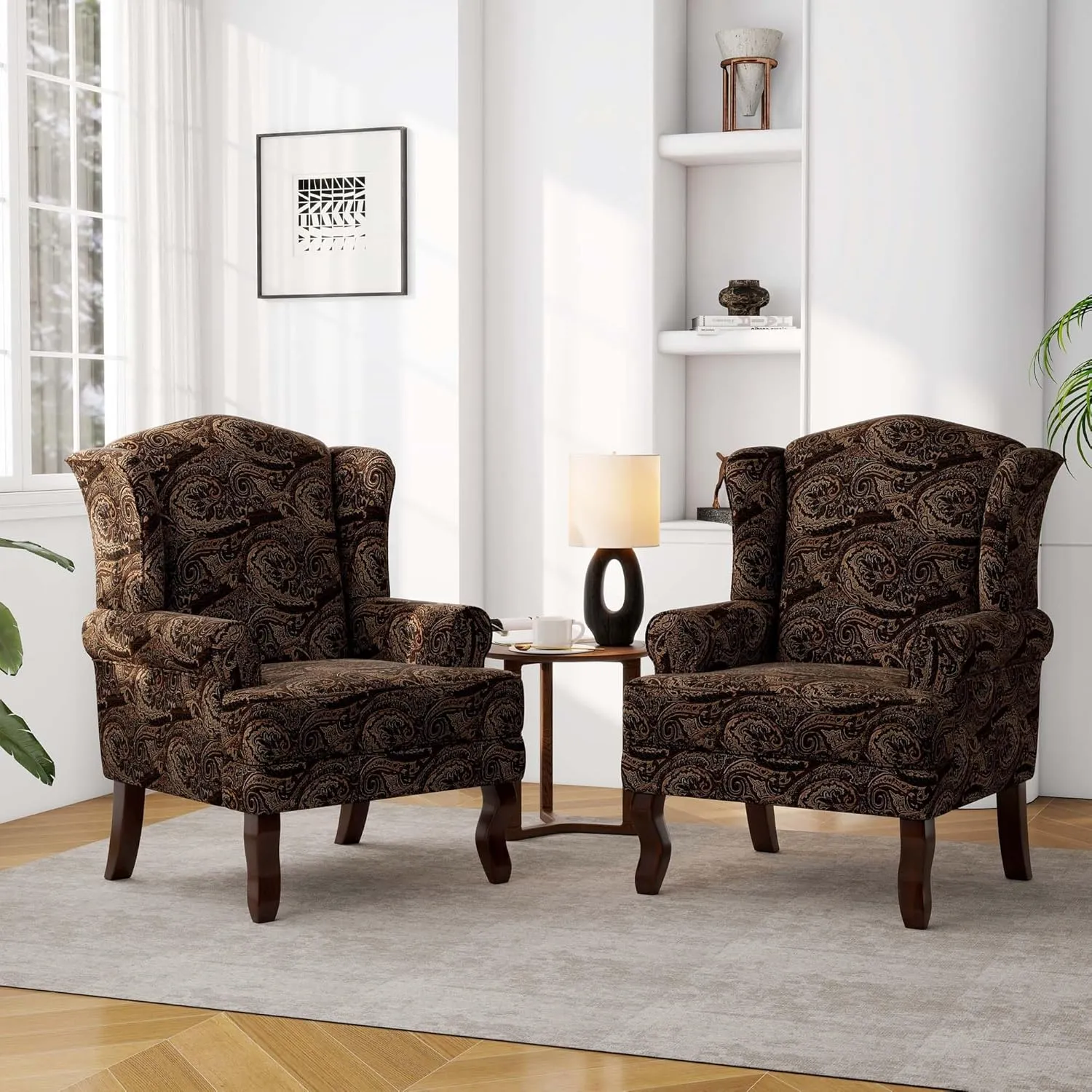 Accent Chair, High Back Upholstered Armchair with High Resilience Sponge & Wood Legs, Mid-Century Modern Comfy Single Sofa Reading Chairs for Living Room, Bedroom (Floral Brown, Set of 2)