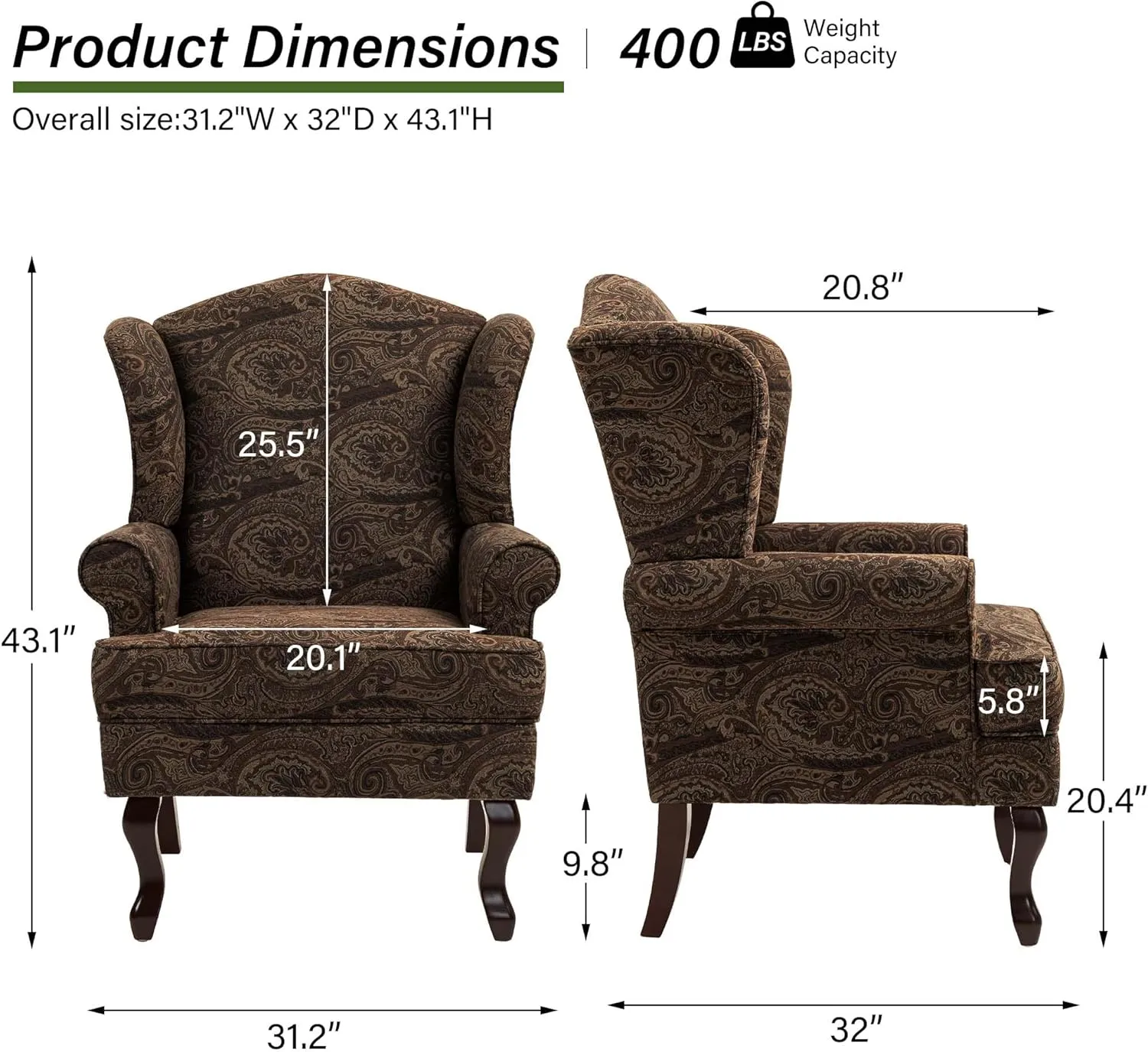 Accent Chair, High Back Upholstered Armchair with High Resilience Sponge & Wood Legs, Mid-Century Modern Comfy Single Sofa Reading Chairs for Living Room, Bedroom (Floral Brown, Set of 2)