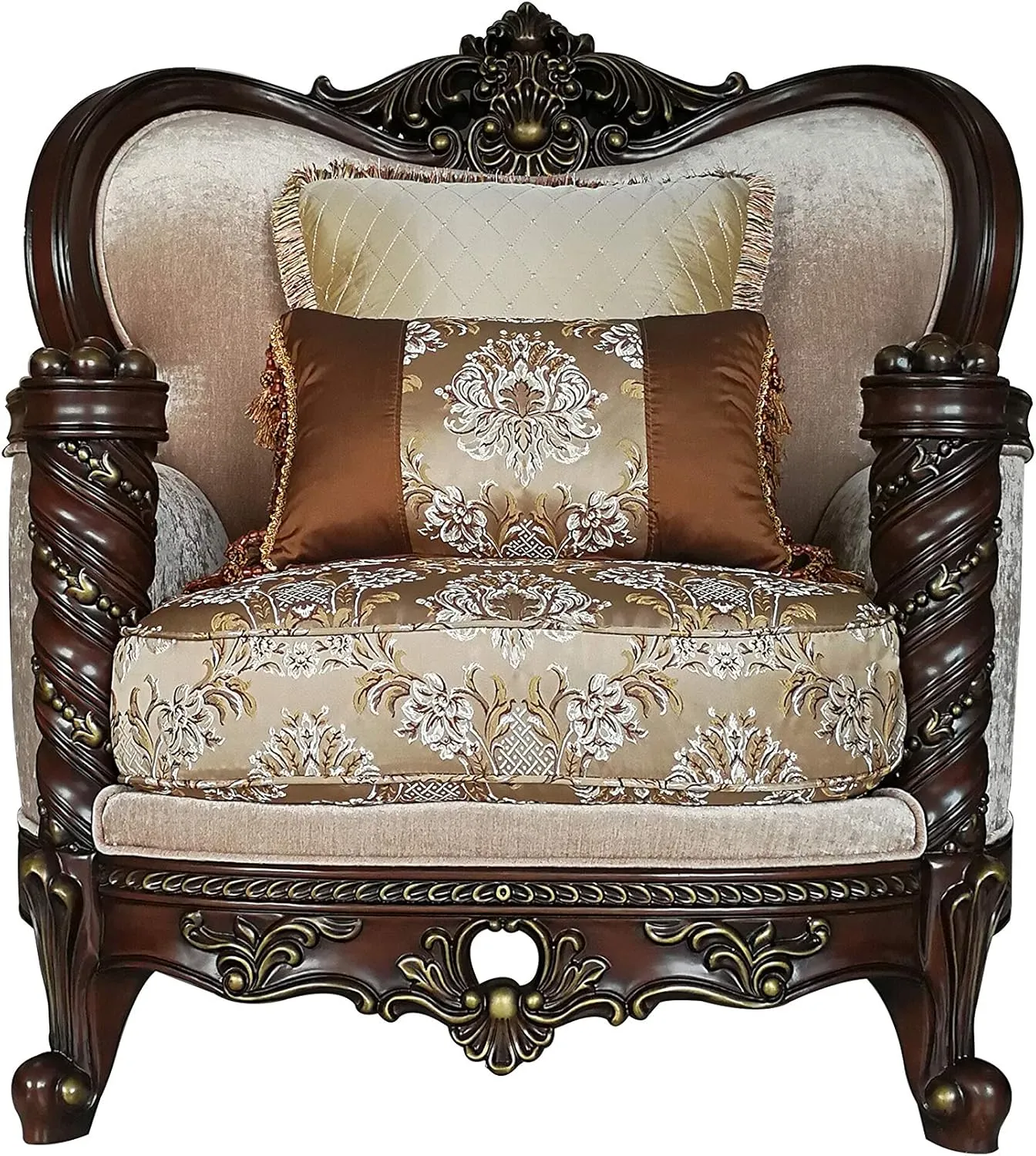 Acme Devayne Chair,Beige and Floral Fabric, Dark Walnut Wood Trim
