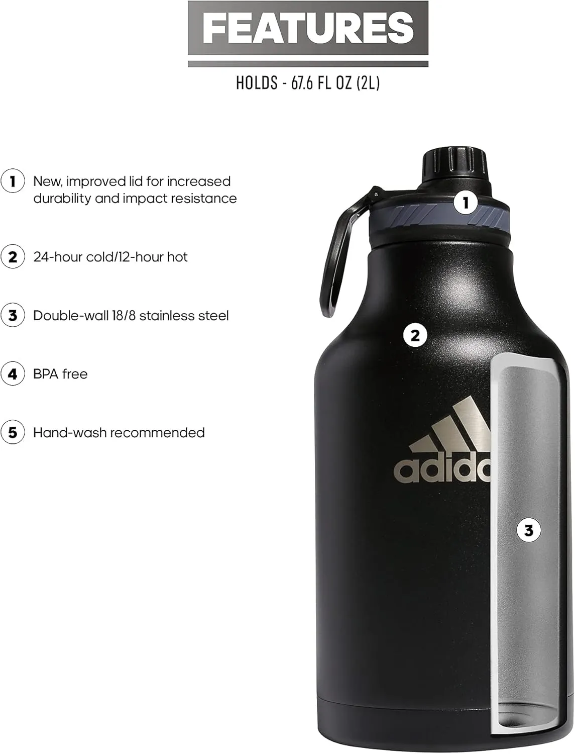 adidas 2 Liter (62 Oz) Metal Water Bottle, Hot/Cold Double-Walled Insulated 18/8 Stainless Steel