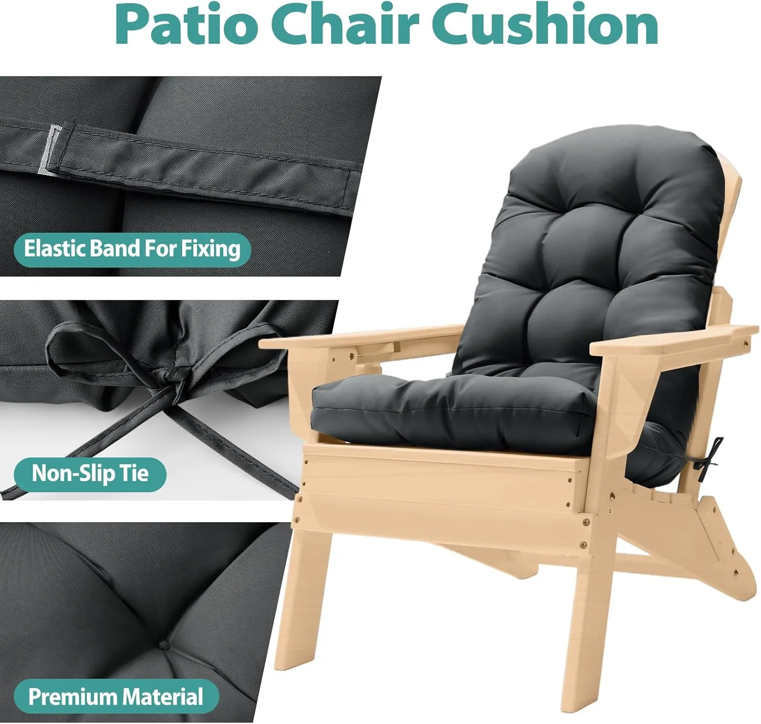 Adirondack Chair Cushion, High Back Patio Cushions with Adjustable Ties, 48.8 x 20.4 x 4.3, Waterproof Tufted Pillow, Fade Resistant Seat Rocking Chair Cushion for Indoor/Outdoor, Dark Gray,1