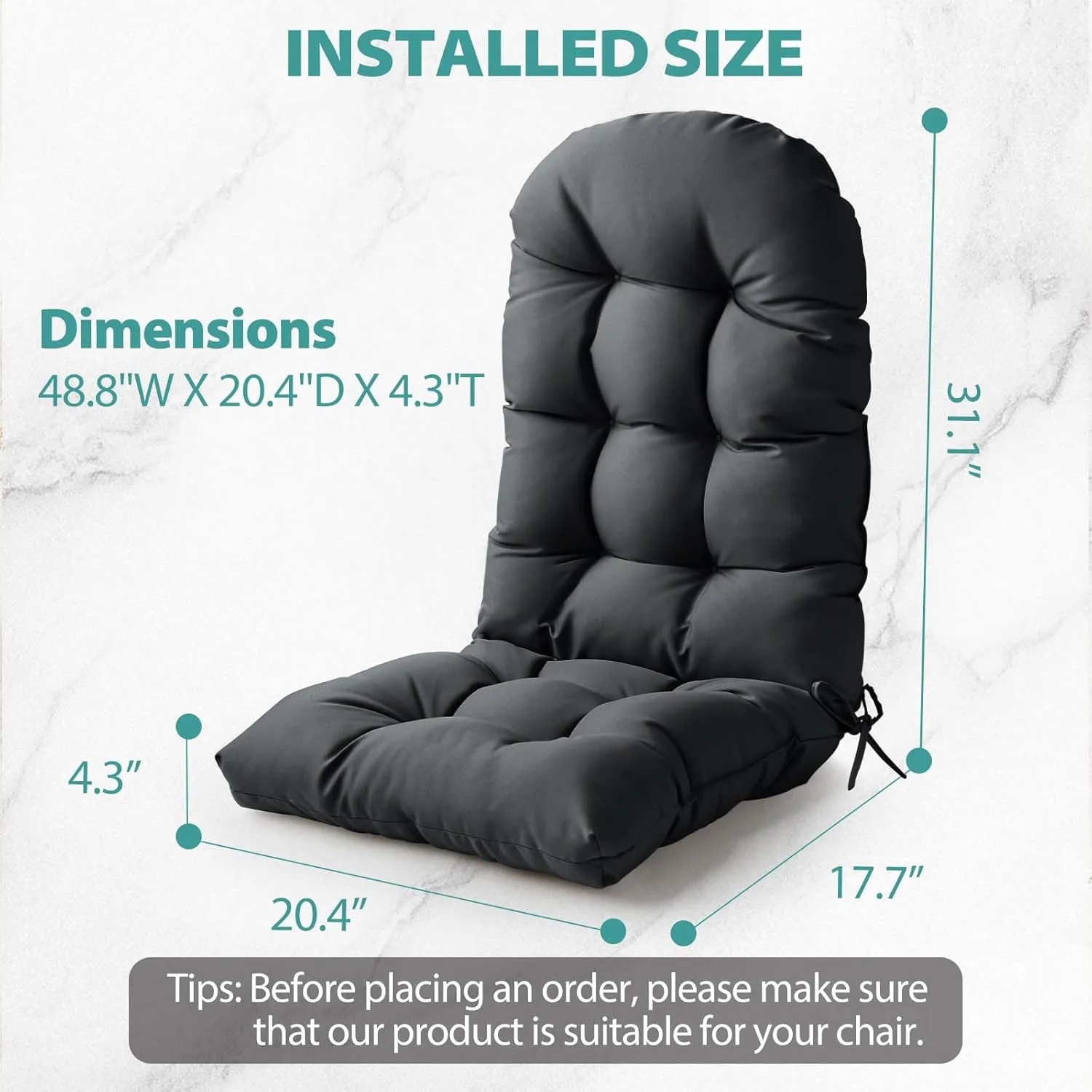 Adirondack Chair Cushion, High Back Patio Cushions with Adjustable Ties, 48.8 x 20.4 x 4.3, Waterproof Tufted Pillow, Fade Resistant Seat Rocking Chair Cushion for Indoor/Outdoor, Dark Gray,1