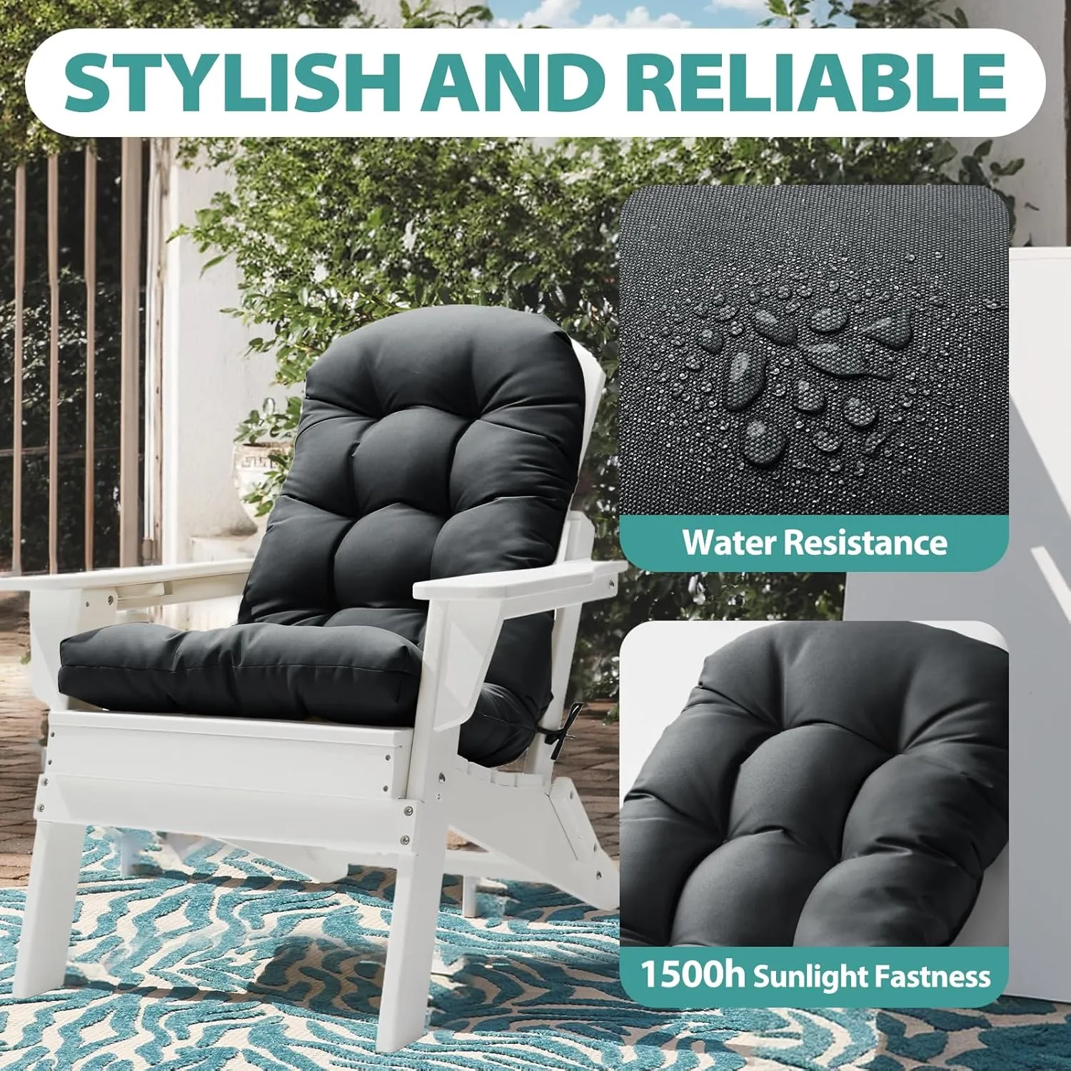 Adirondack Chair Cushion, High Back Patio Cushions with Adjustable Ties, 48.8 x 20.4 x 4.3, Waterproof Tufted Pillow, Fade Resistant Seat Rocking Chair Cushion for Indoor/Outdoor, Dark Gray,1