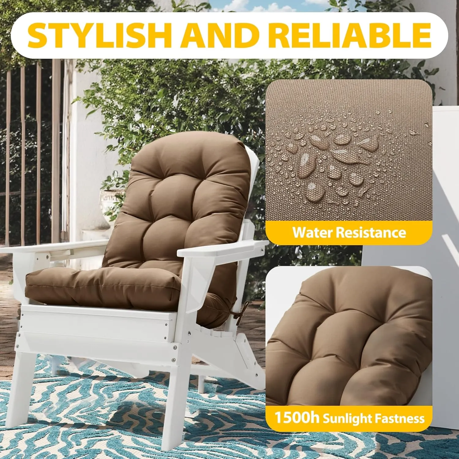 Adirondack Chair Cushion, High Back Patio Cushions with Adjustable Ties, 48.8x20.4x4.3, Waterproof Tufted Pillow, Fade Resistant Seat Rocking Chair Cushion for Indoor/Outdoor, Cappuccino, 2