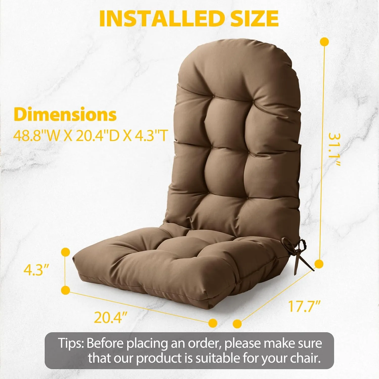 Adirondack Chair Cushion, High Back Patio Cushions with Adjustable Ties, 48.8x20.4x4.3, Waterproof Tufted Pillow, Fade Resistant Seat Rocking Chair Cushion for Indoor/Outdoor, Cappuccino, 2