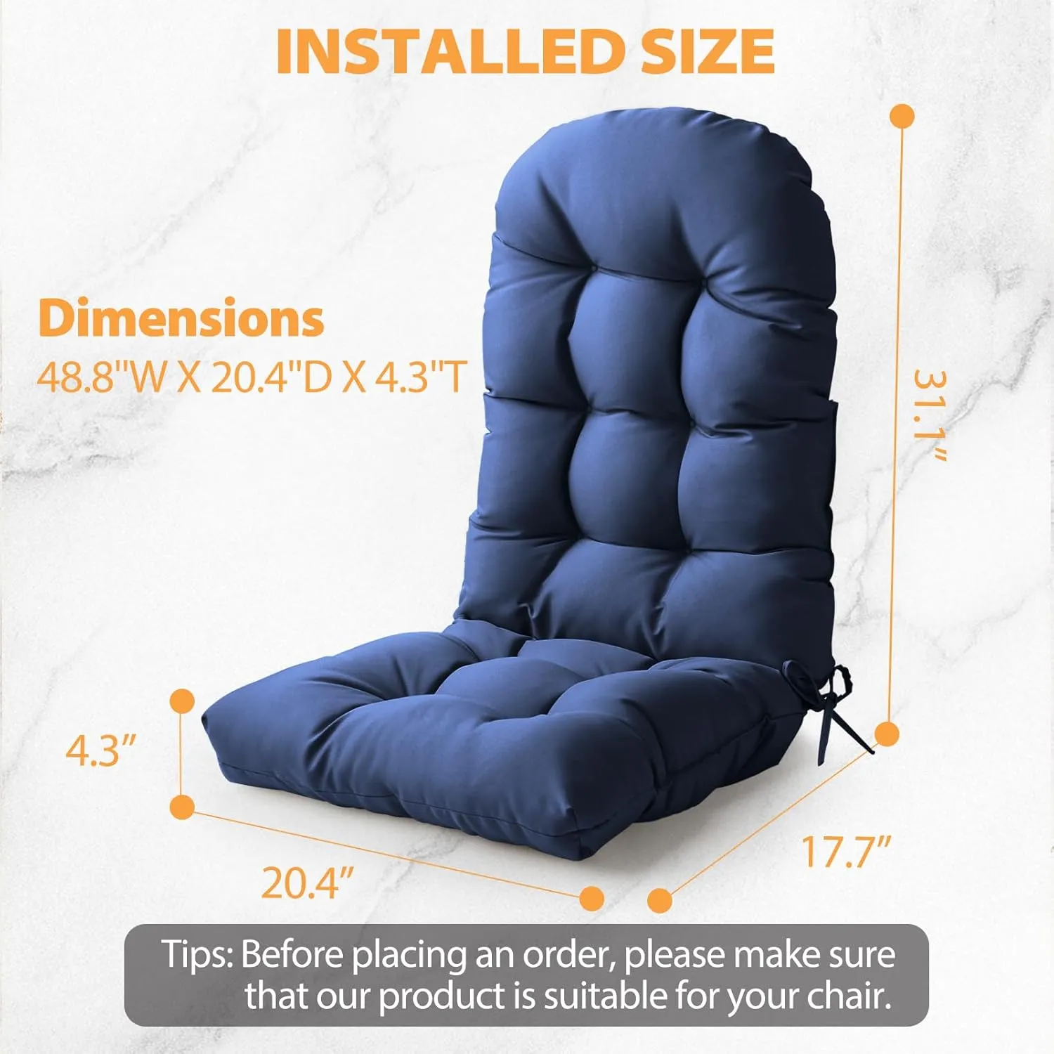 Adirondack Chair Cushion, High Back Patio Cushions with Adjustable Ties, 48.8x20.4x4.3, Waterproof Tufted Pillow, Fade Resistant Seat Rocking Chair Cushion for Indoor/Outdoor, Royal Blue, 1