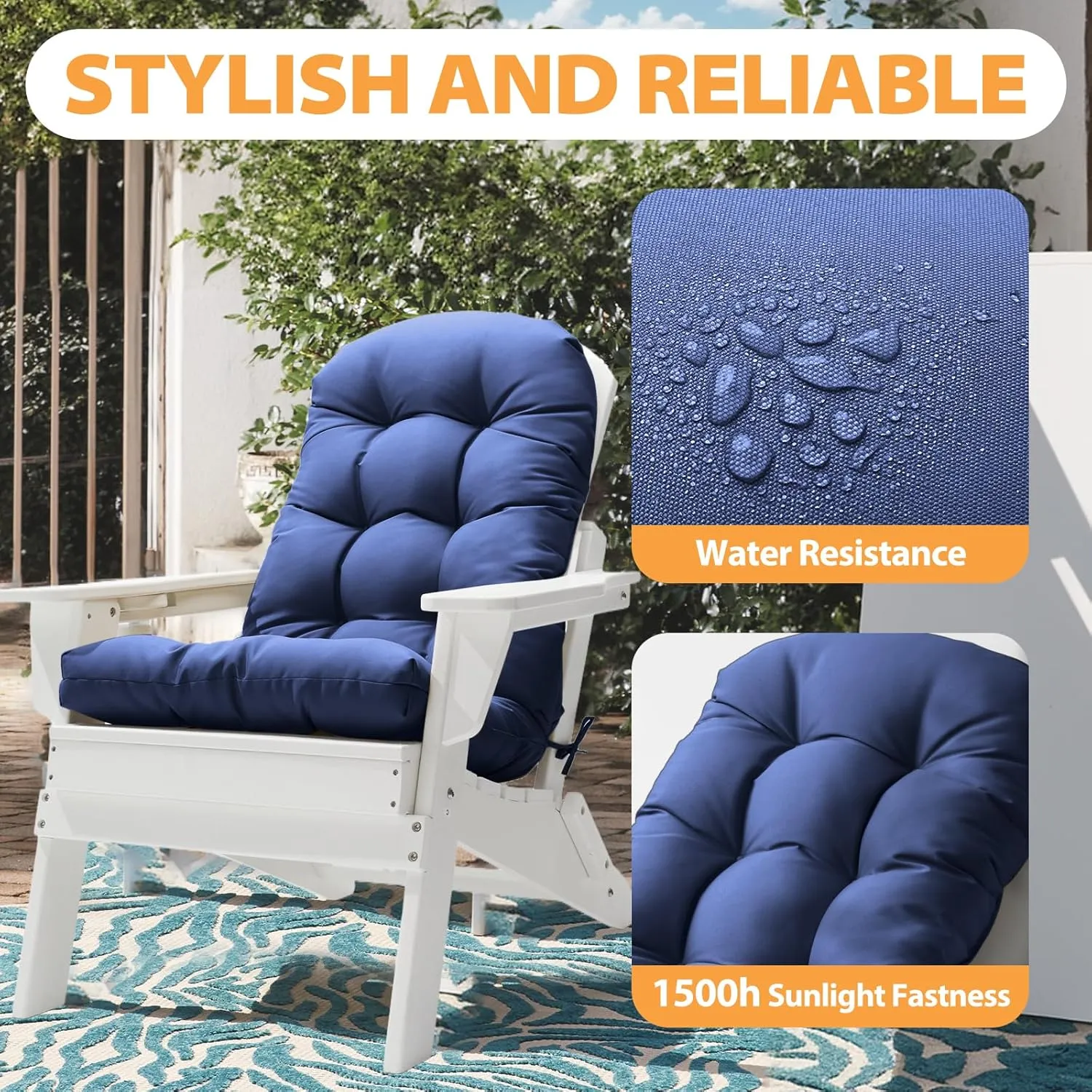 Adirondack Chair Cushion, High Back Patio Cushions with Adjustable Ties, 48.8x20.4x4.3, Waterproof Tufted Pillow, Fade Resistant Seat Rocking Chair Cushion for Indoor/Outdoor, Royal Blue, 1