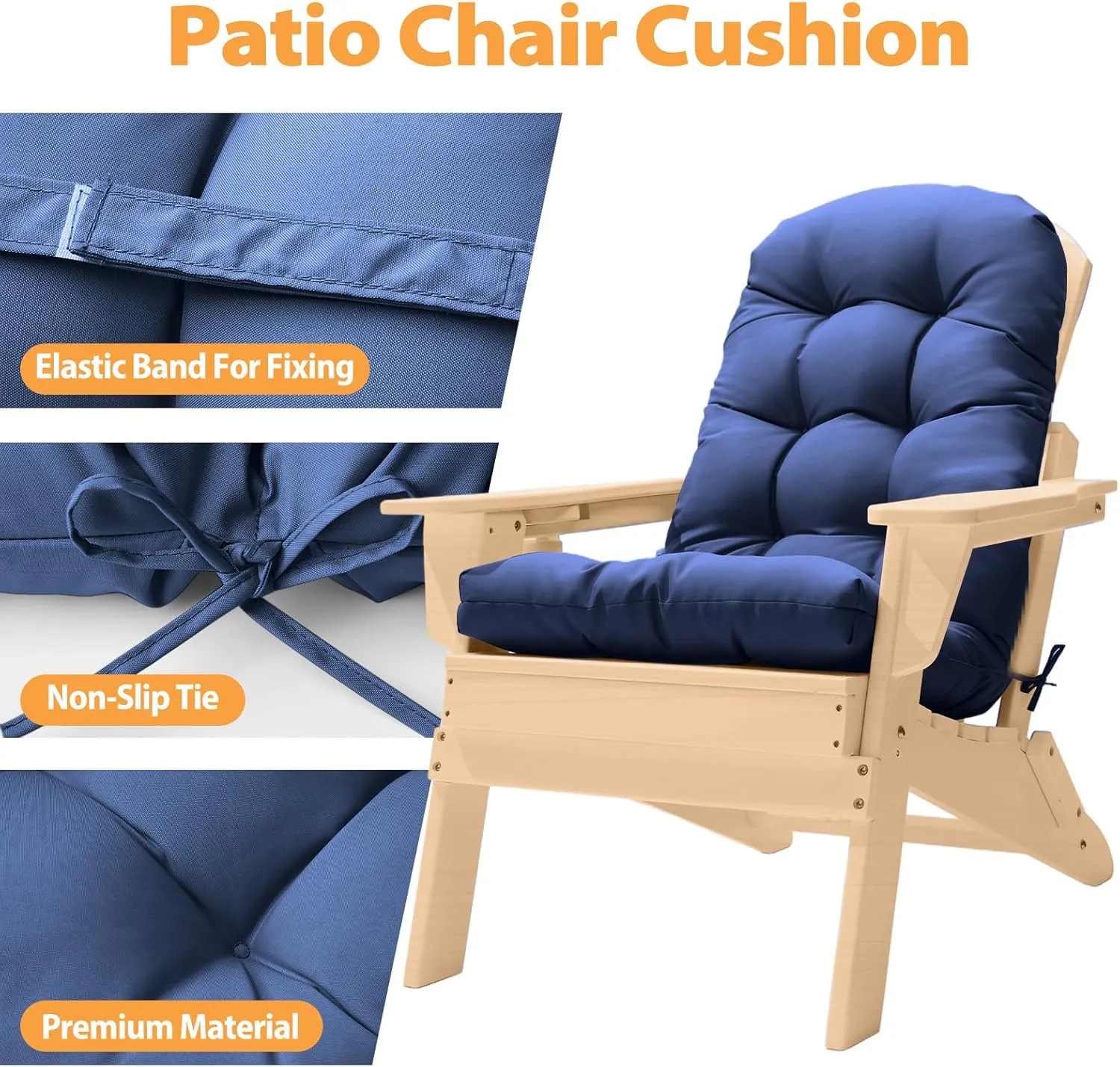 Adirondack Chair Cushion, High Back Patio Cushions with Adjustable Ties, 48.8x20.4x4.3, Waterproof Tufted Pillow, Fade Resistant Seat Rocking Chair Cushion for Indoor/Outdoor, Royal Blue, 1