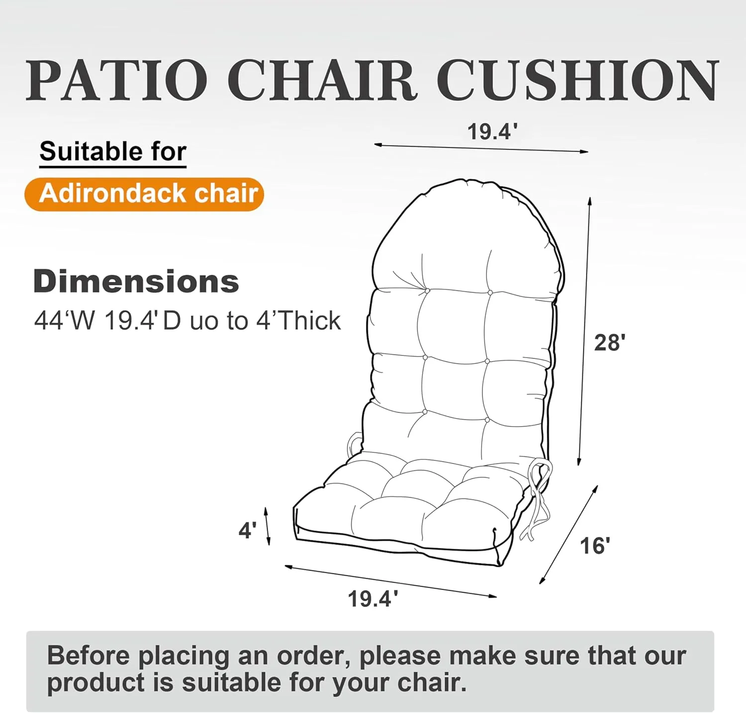 Adirondack Chair Cushion, Rocking Chair Cushion 44x19.4x4 inch, High Back Patio Cushions of Upper and Lower with Ties, Sunscreen and Fade-Resistant (Beige, 2)