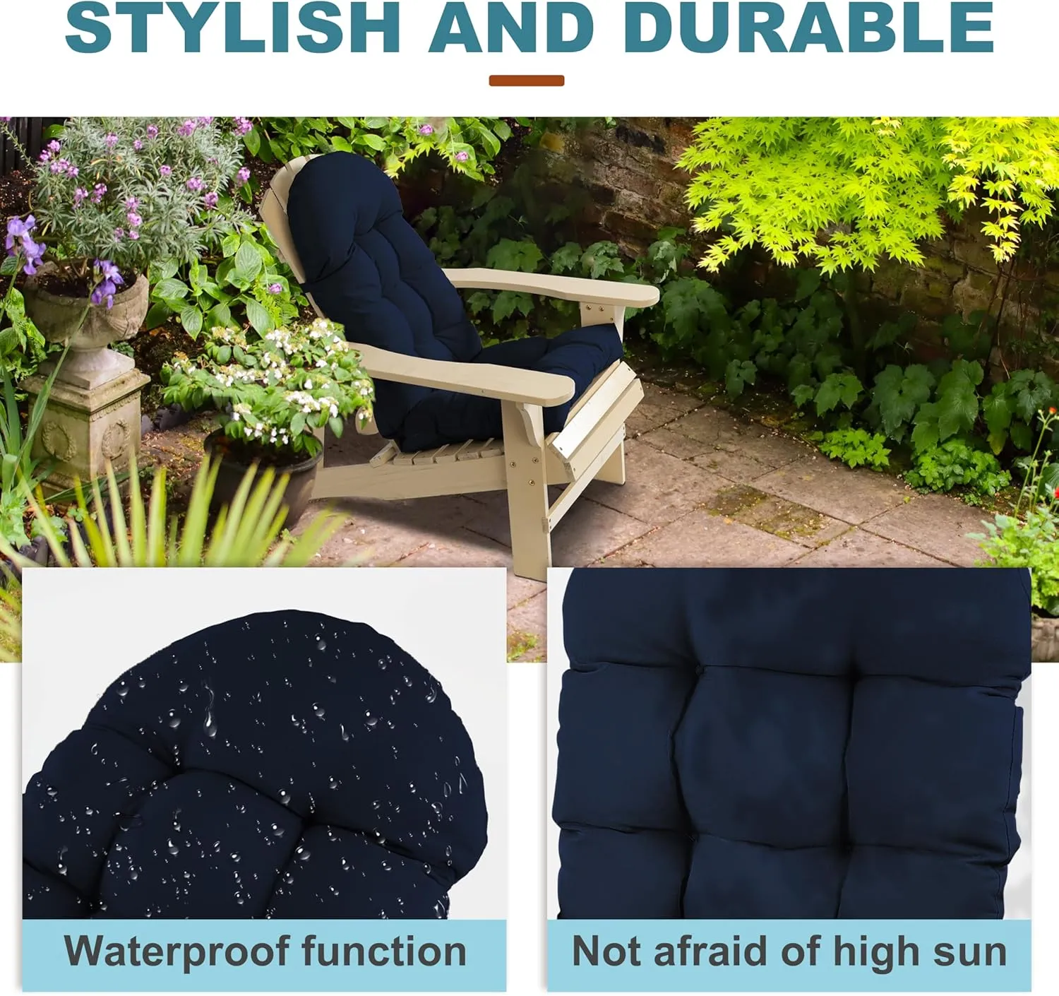 Adirondack Chair Cushion, Rocking Chair Cushion 44x19.4x4 inch, High Back Patio Cushions of Upper and Lower with Ties, Sunscreen and Fade-Resistant (Dark Blue, 2)