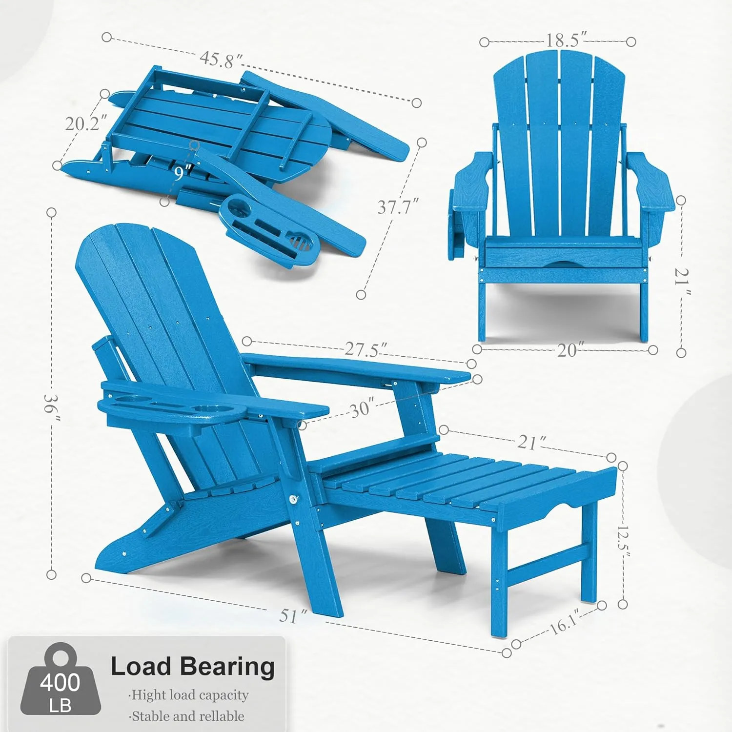 Adjustable Adirondack Chair with Retractable Ottoman Set of 2, HDPE Folding Adirondack Chair with Cup Holder, All Weather Fire Pit Chair for Outdoor.