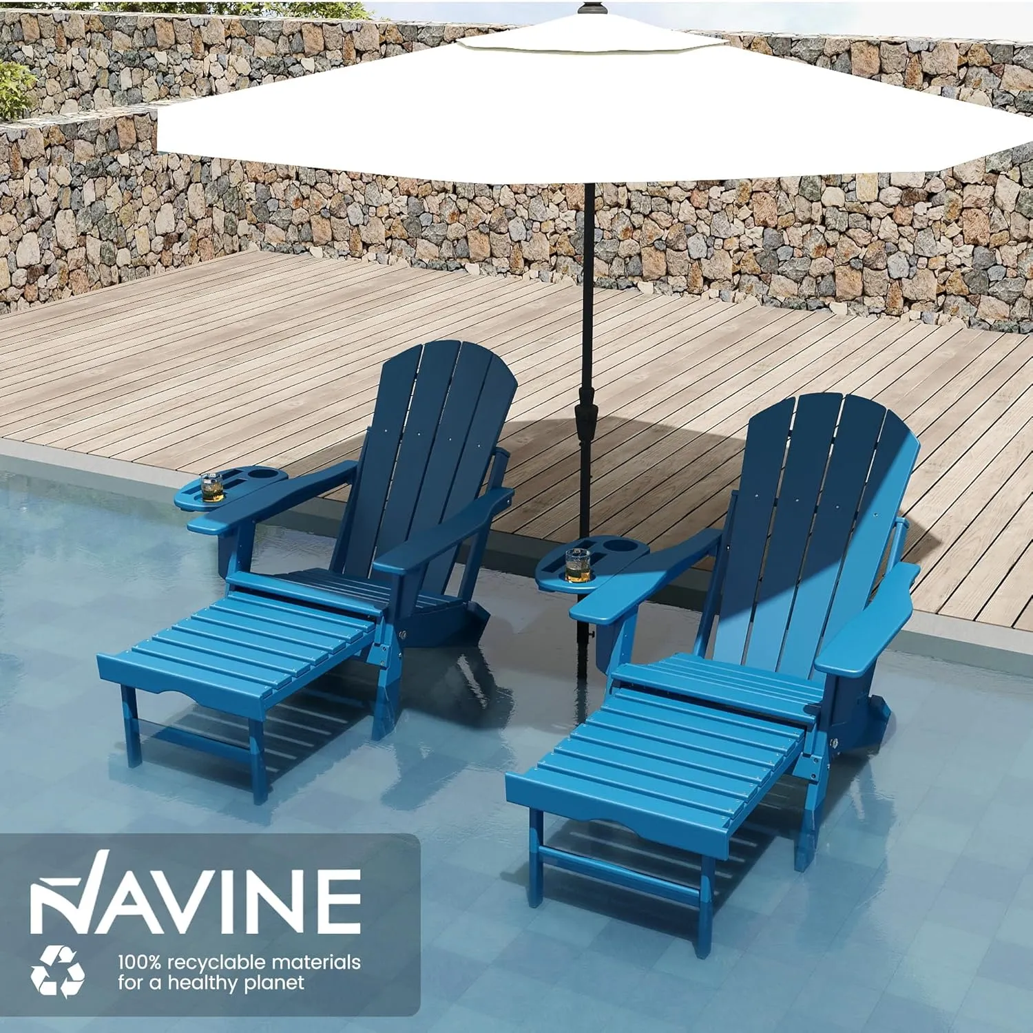 Adjustable Adirondack Chair with Retractable Ottoman Set of 2, HDPE Folding Adirondack Chair with Cup Holder, All Weather Fire Pit Chair for Outdoor.
