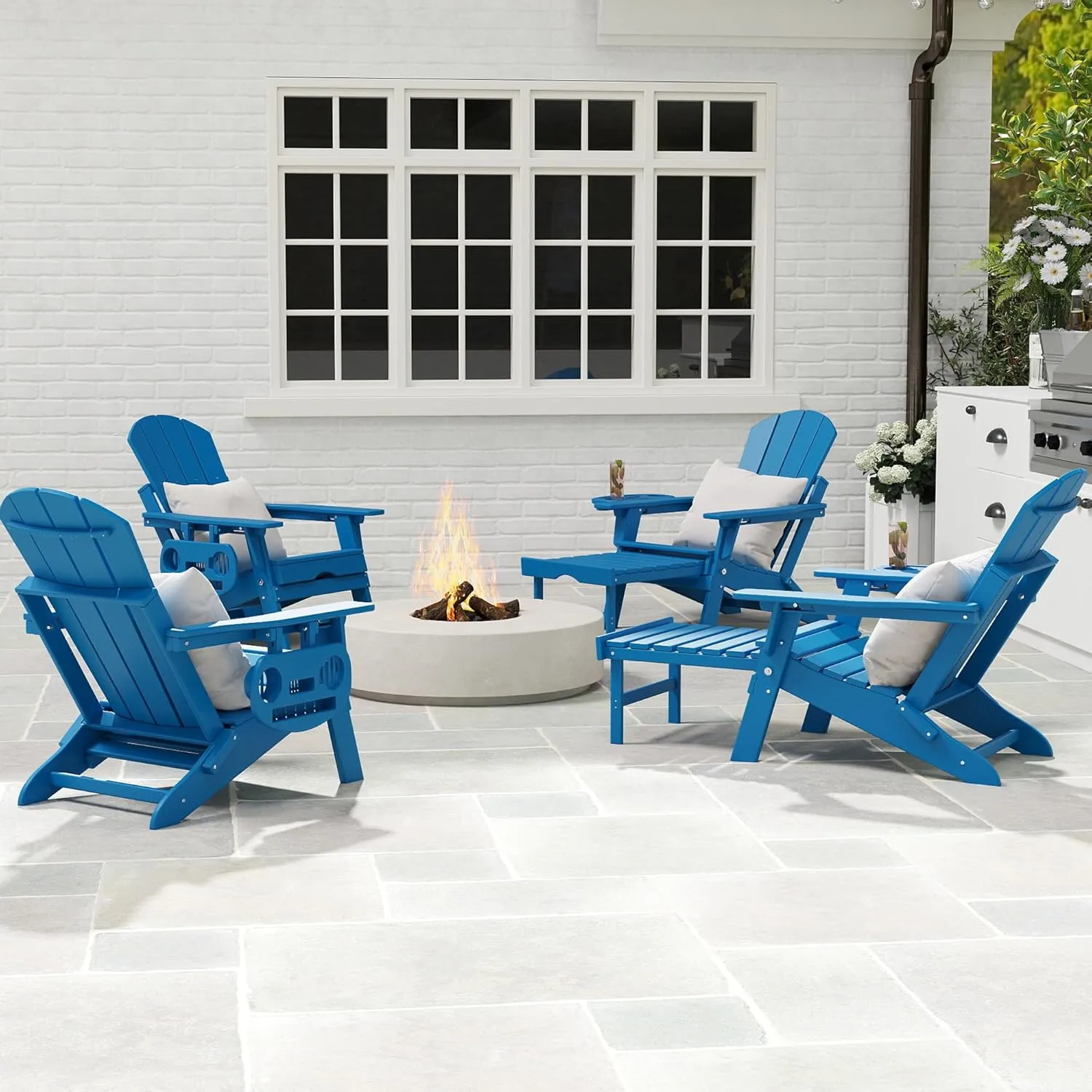 Adjustable Adirondack Chair with Retractable Ottoman Set of 2, HDPE Folding Adirondack Chair with Cup Holder, All Weather Fire Pit Chair for Outdoor.