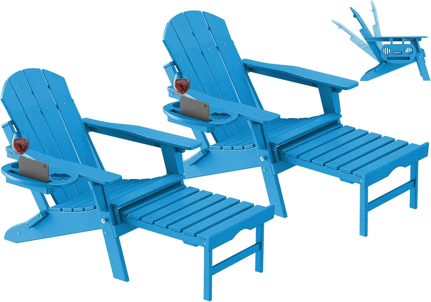 Adjustable Adirondack Chair with Retractable Ottoman Set of 2, HDPE Folding Adirondack Chair with Cup Holder, All Weather Fire Pit Chair for Outdoor.