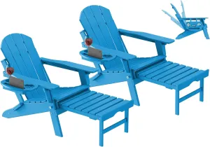 Adjustable Adirondack Chair with Retractable Ottoman Set of 2, HDPE Folding Adirondack Chair with Cup Holder, All Weather Fire Pit Chair for Outdoor.