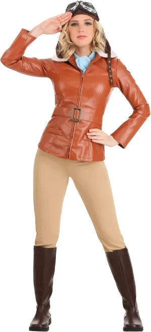 Adult Deluxe Amelia Earhart Costume | Womens Pilot Full Outfit; Jacket, Pants, Belt, Aviator Hat with Goggles, Scarf