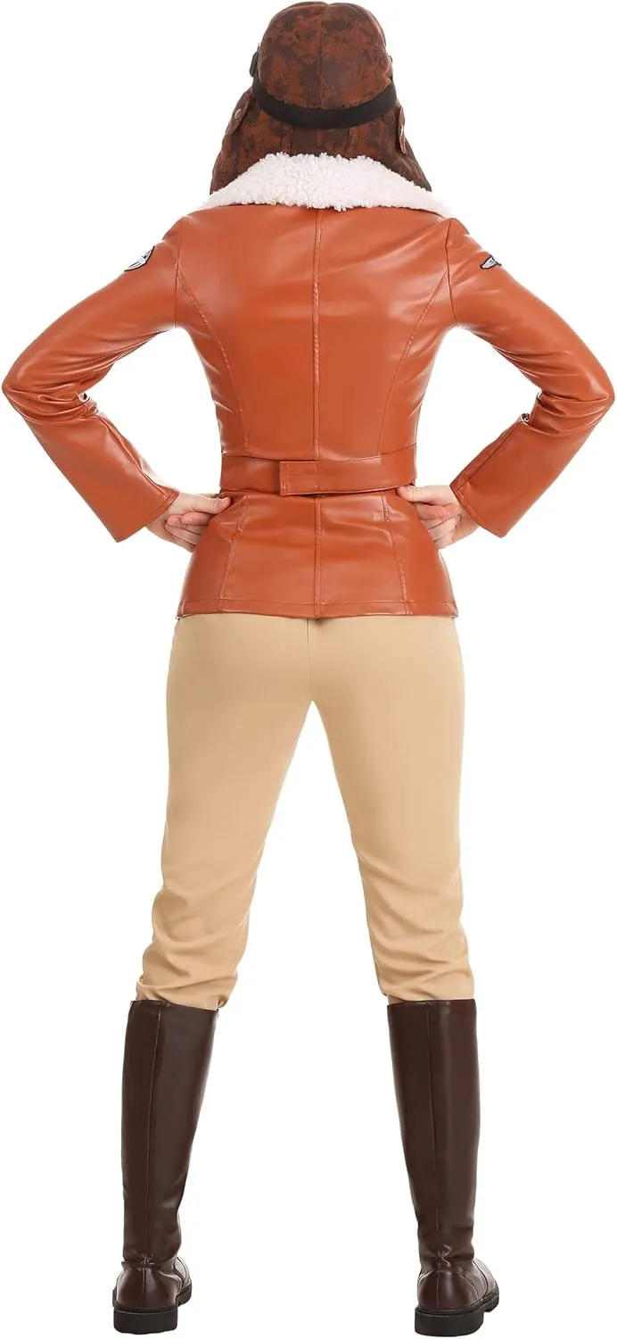 Adult Deluxe Amelia Earhart Costume | Womens Pilot Full Outfit; Jacket, Pants, Belt, Aviator Hat with Goggles, Scarf