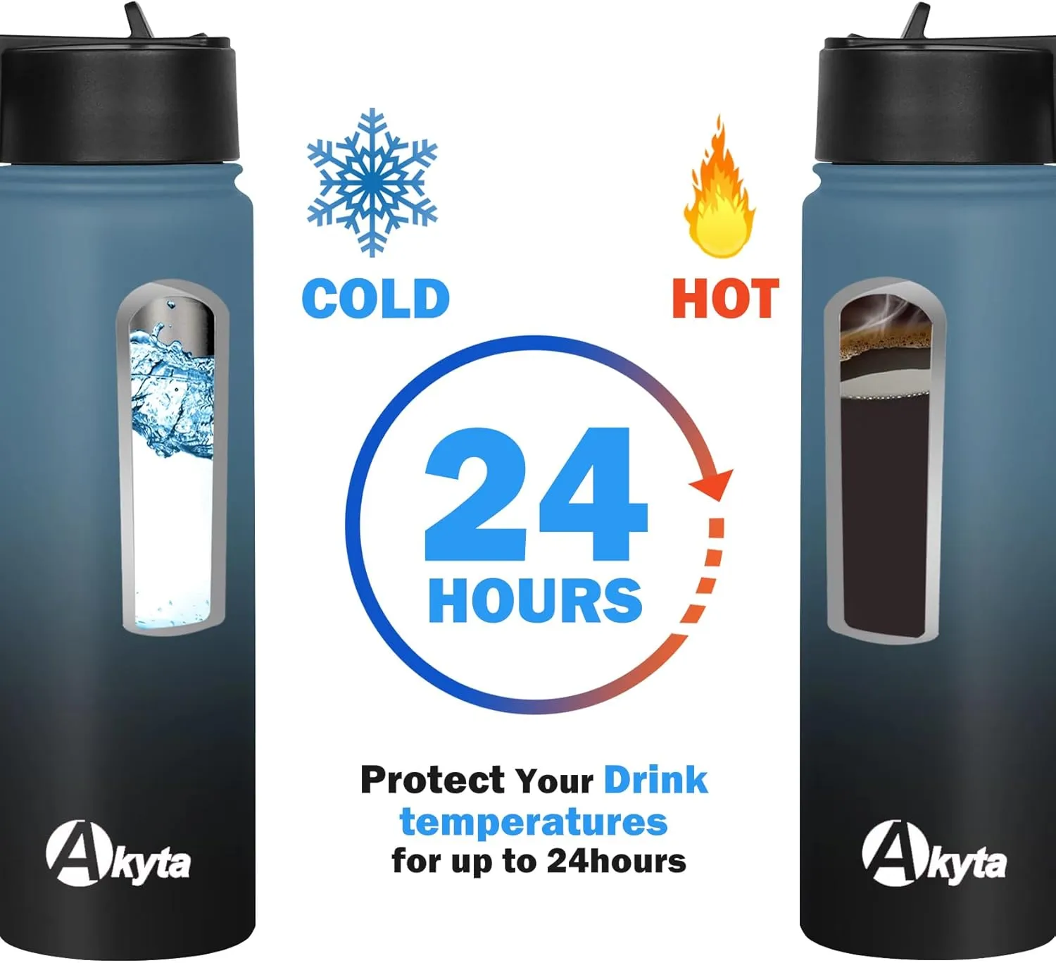 Akyta 32 OZ Water Bottle, Sports Water Bottle with Straw Lid, Vacuum-Insulated Stainless-Steel, Double-walled Metal Thermos Water Bottle (Indigo black, 32 oz)