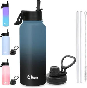 Akyta 32 OZ Water Bottle, Sports Water Bottle with Straw Lid, Vacuum-Insulated Stainless-Steel, Double-walled Metal Thermos Water Bottle (Indigo black, 32 oz)