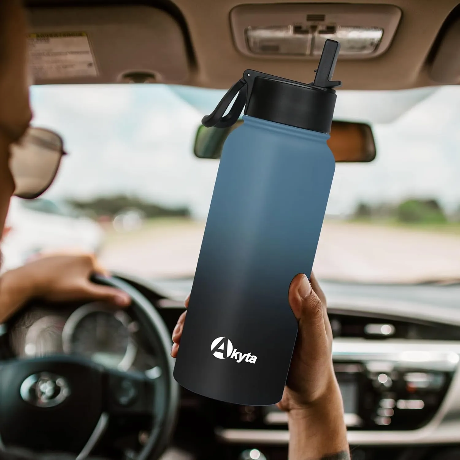 Akyta 32 OZ Water Bottle, Sports Water Bottle with Straw Lid, Vacuum-Insulated Stainless-Steel, Double-walled Metal Thermos Water Bottle (Indigo black, 32 oz)