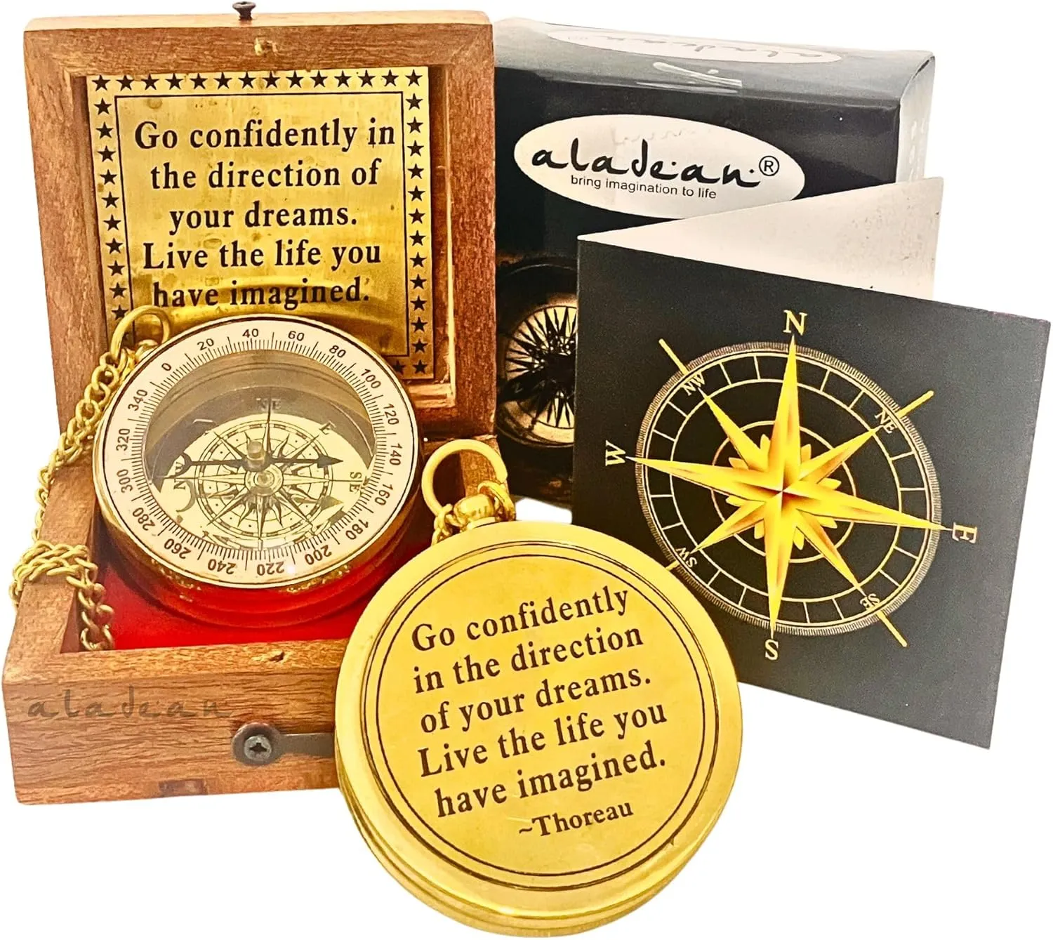 ALADEAN Brass Dream Navigator's COMPASS - Inspirational Graduation Gift, Encouragement Gift for Men, Son, Husband - Motivational, Christmas, Unique Office Decor - Greeting