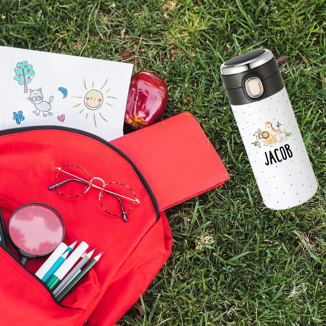 Andaz Press Personalized Kids Tumbler Boho Safari Animals Kids Stainless Steel Water Bottle with Leakproof Flip Lid- 10oz BPA-Free Tumbler For Girls Boys Students, Birthday Party Favors Gifts, 1-Pack