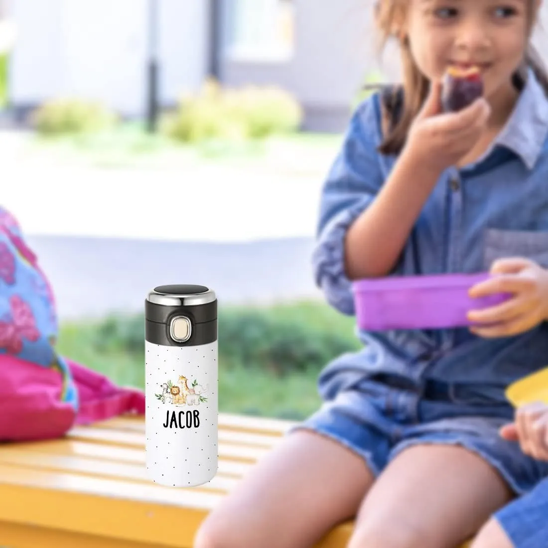 Andaz Press Personalized Kids Tumbler Boho Safari Animals Kids Stainless Steel Water Bottle with Leakproof Flip Lid- 10oz BPA-Free Tumbler For Girls Boys Students, Birthday Party Favors Gifts, 1-Pack