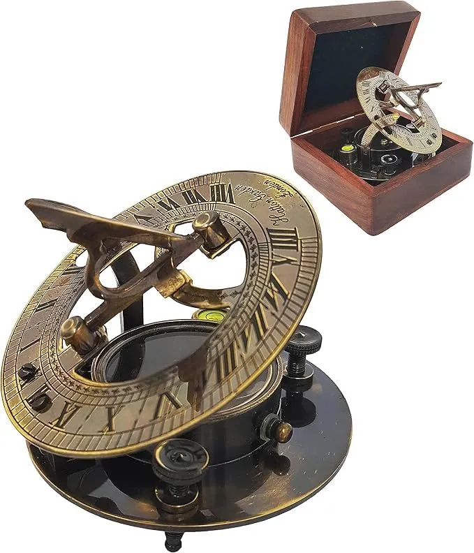 Antique Brass 5 inches Large Sundial Compass - Marine Boat Gift Pocket Sun Dial in Box Nautical Marine Gift Sun Clock Pirate Ship Replica Watch,Navigation Tool.