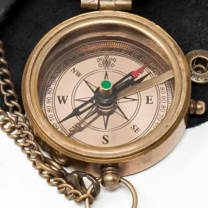 Antique Brass Compass with Leather Case & Chainmail Nautical Map Reader Compass for Traveling Camping Tool